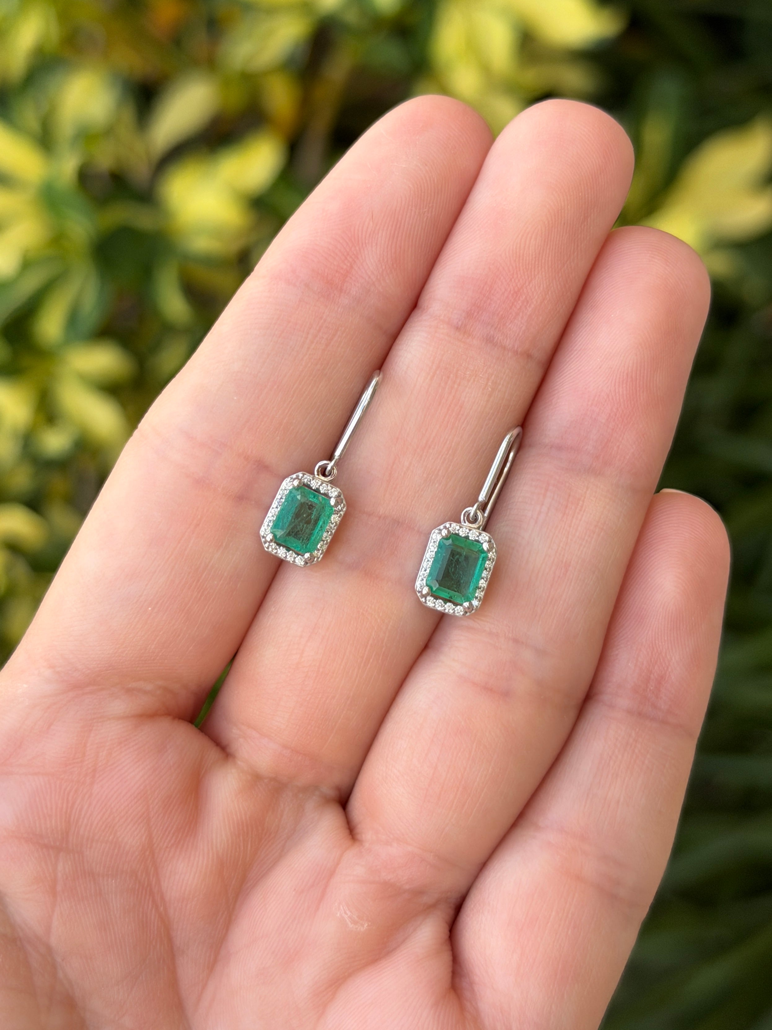 1.72tcw Natural Emerald Cut Emerald & Diamond Halo Hook Earrings 14K White Gold