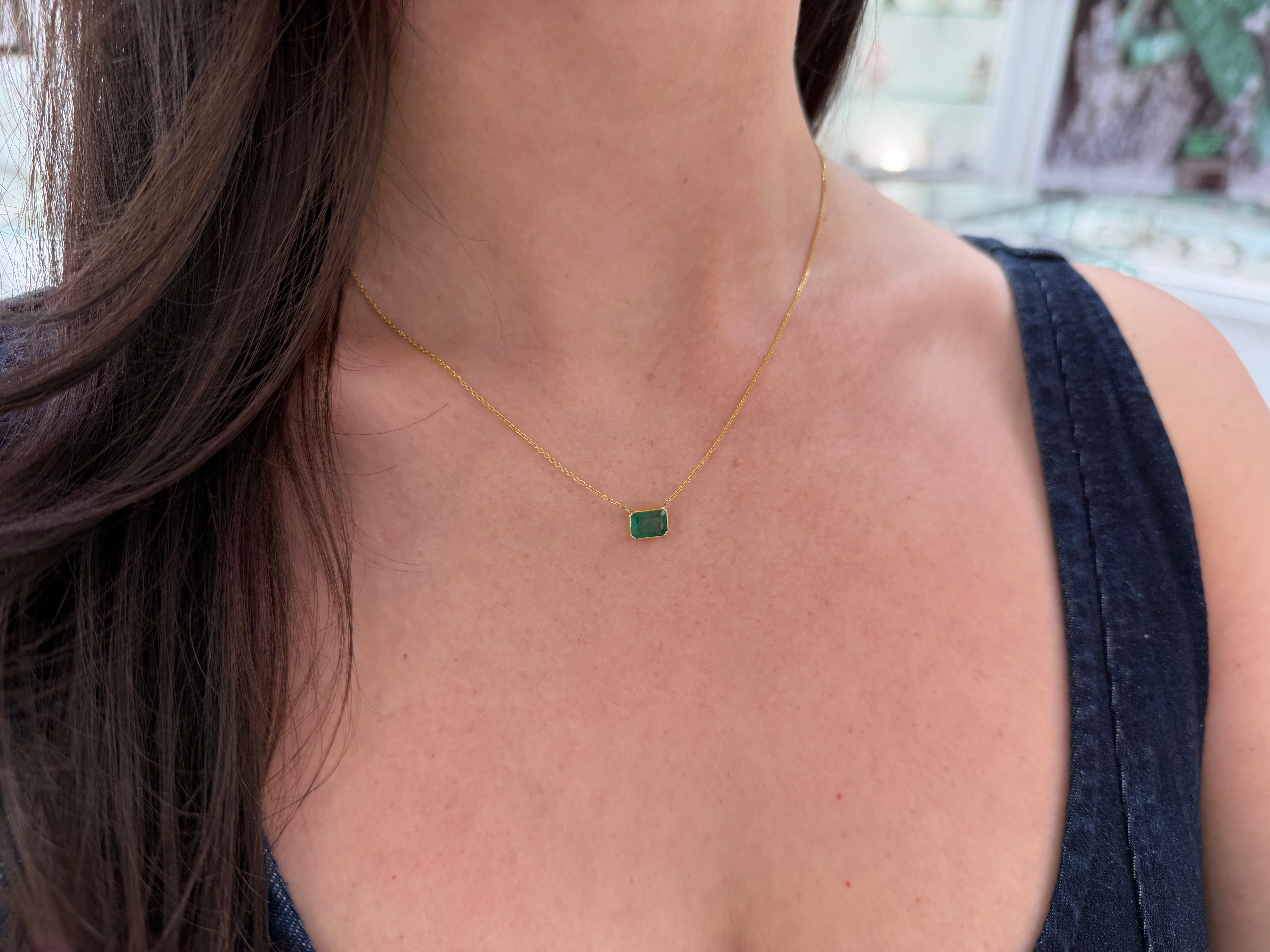 1.73 Carat East to West Bezel Set Emerald Necklace 14K Gold - JR Colombian Emeralds