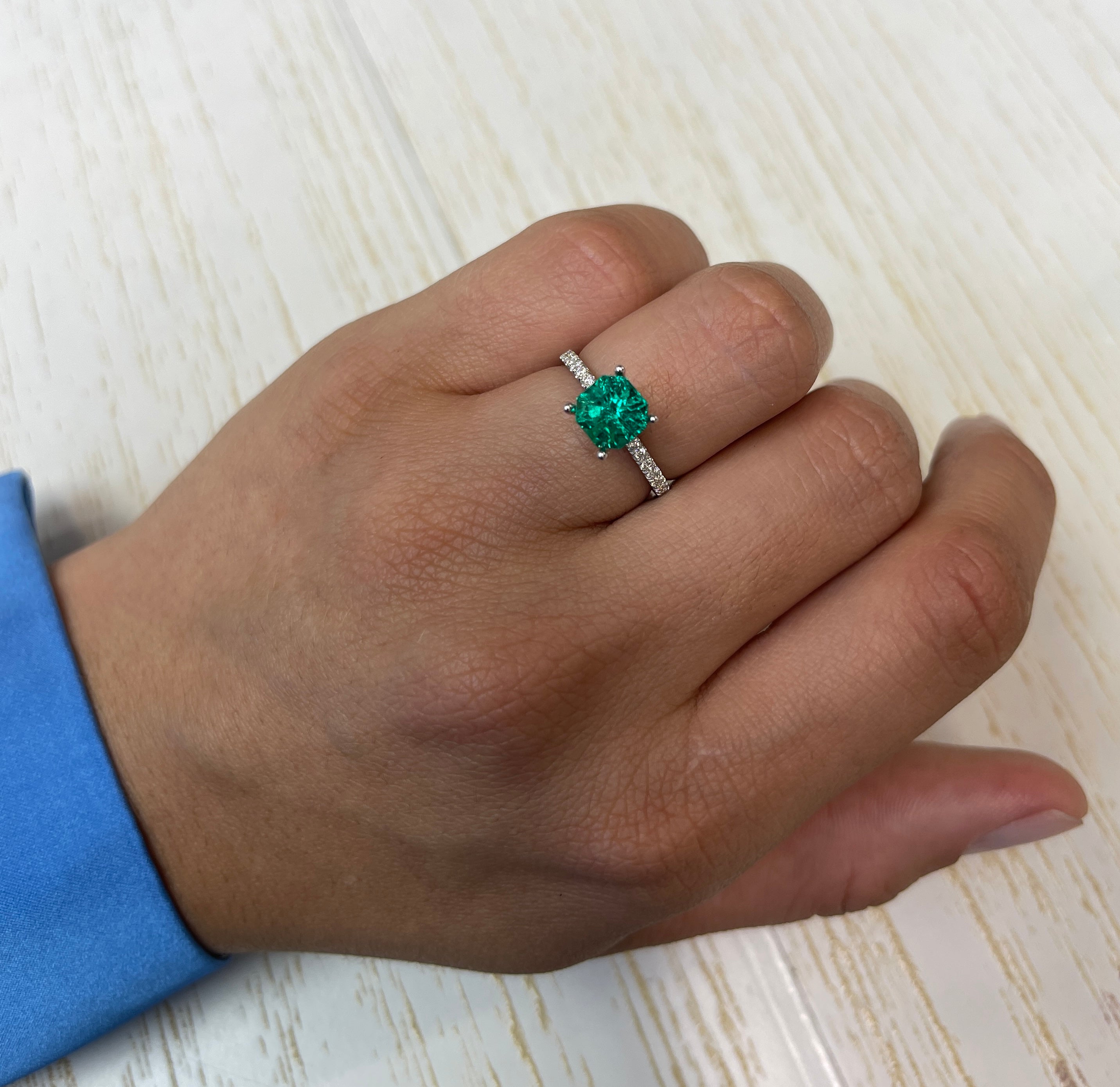 Uncut 1.80 carat Muzo Colombian emerald with Asscher cut, AAA+ clarity, vivid green color, natural gemstone from JR Colombian Emeralds