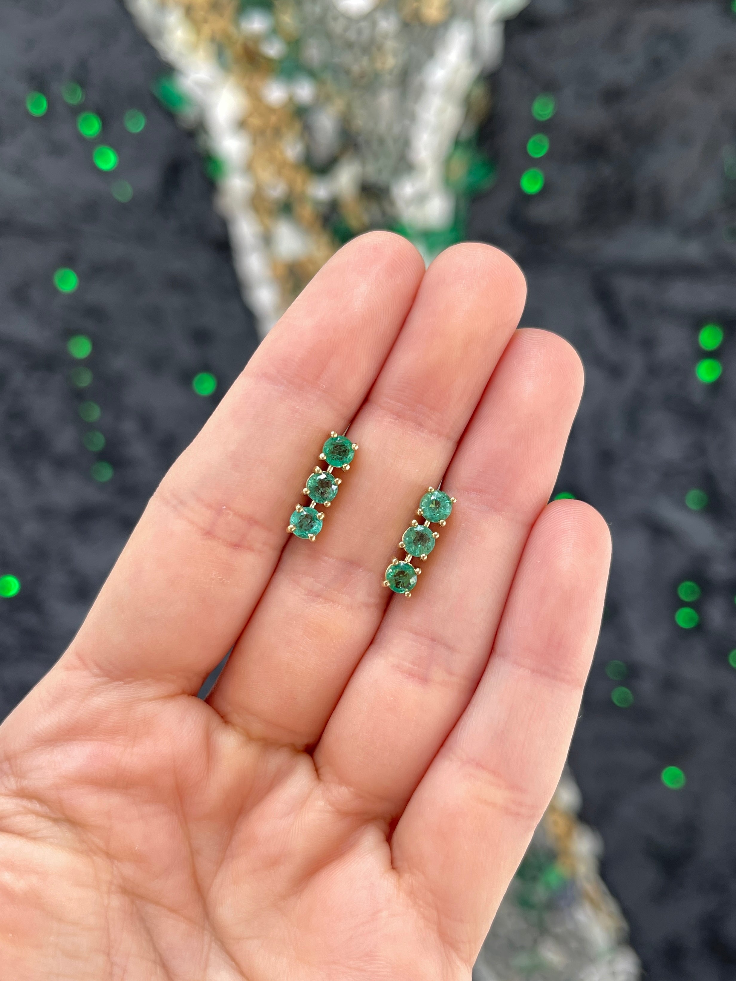 1.80TCW Earth Mined Round Emerald Drop Earrings in 14K Yellow Gold Lightweight Dangle Studs - JR Colombian Emeralds