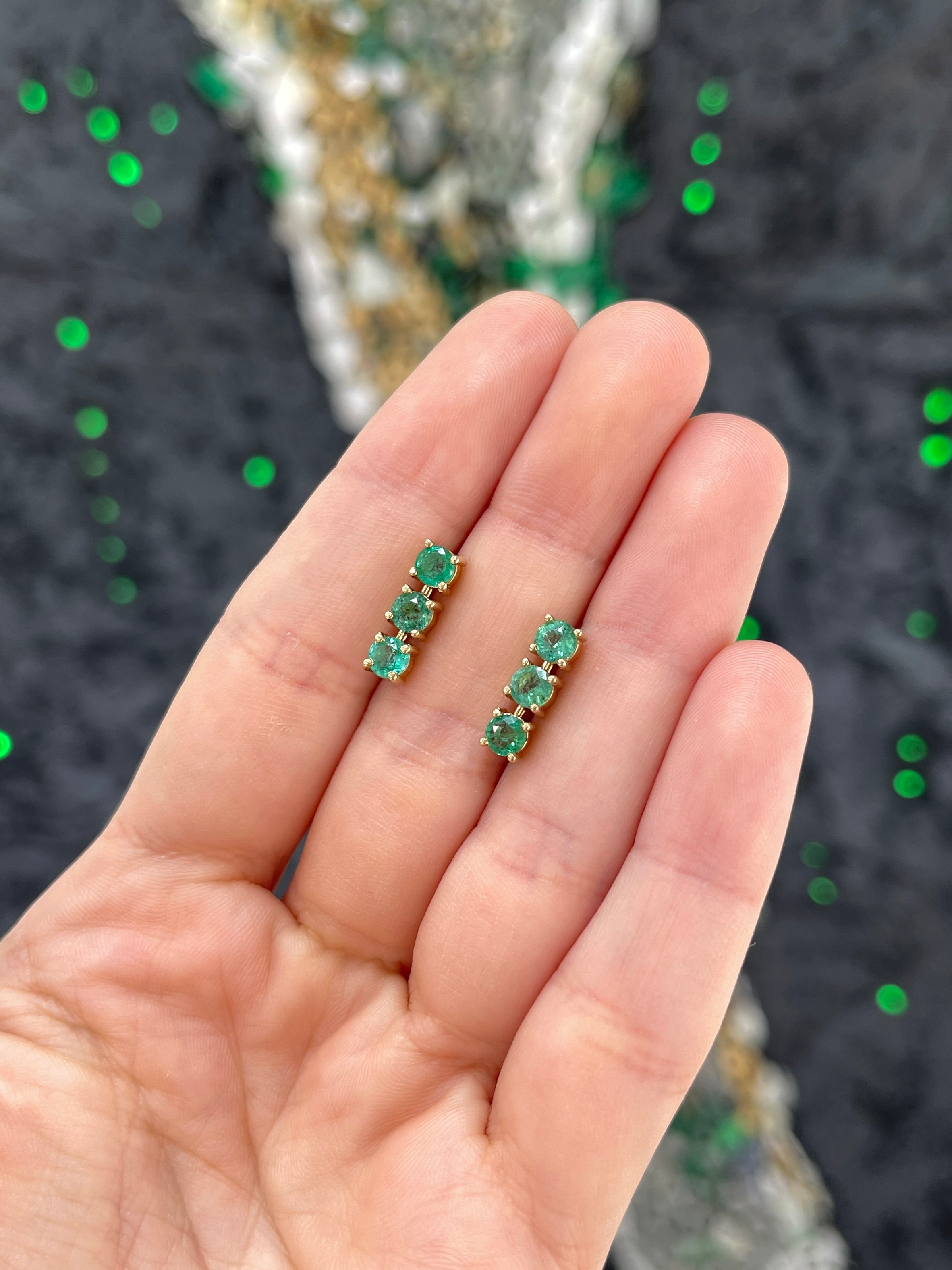 1.80TCW Earth Mined Round Emerald Drop Earrings in 14K Yellow Gold Lightweight Dangle Studs - JR Colombian Emeralds