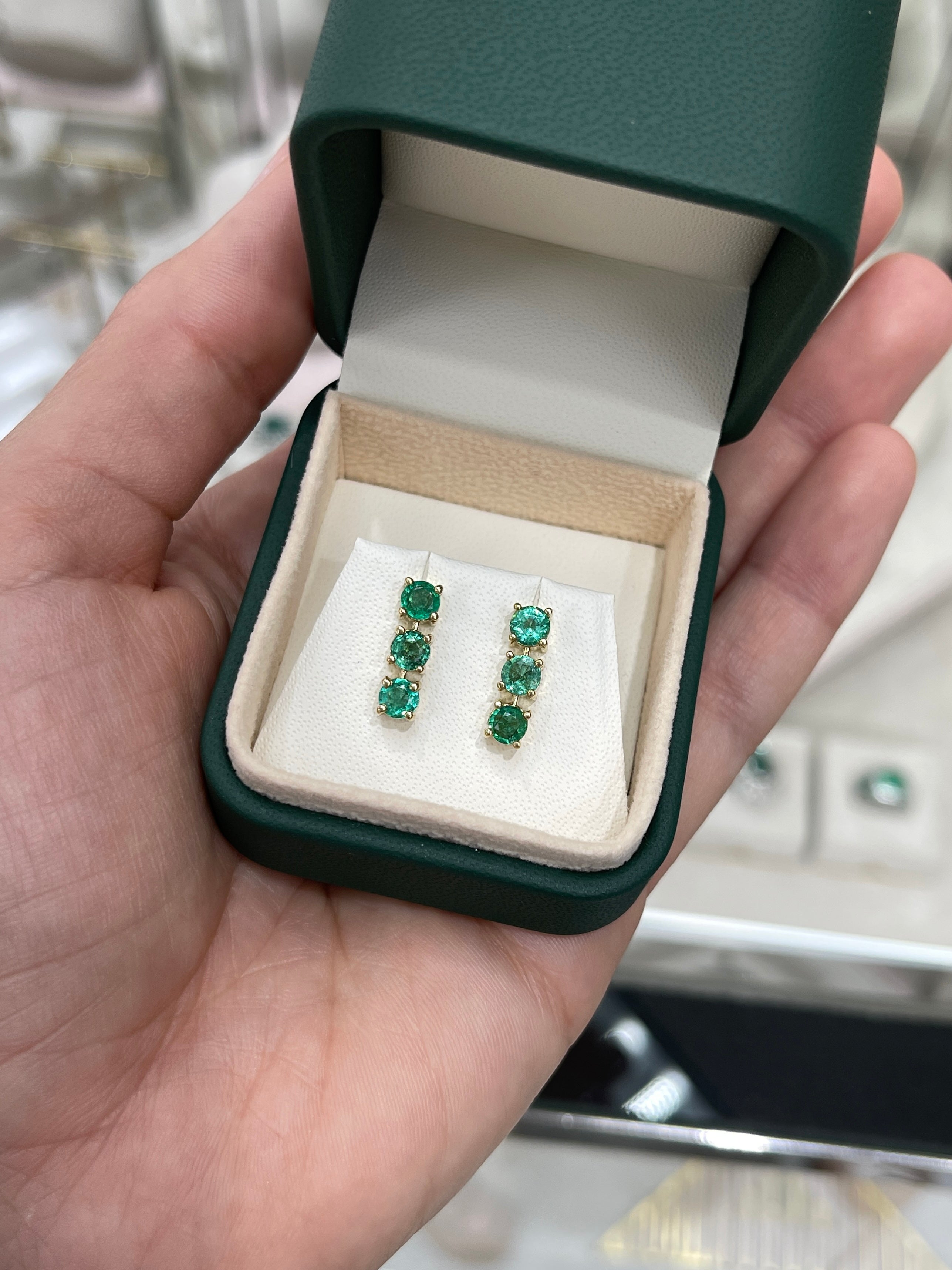 1.80TCW Earth Mined Round Emerald Drop Earrings in 14K Yellow Gold Lightweight Dangle Studs - JR Colombian Emeralds