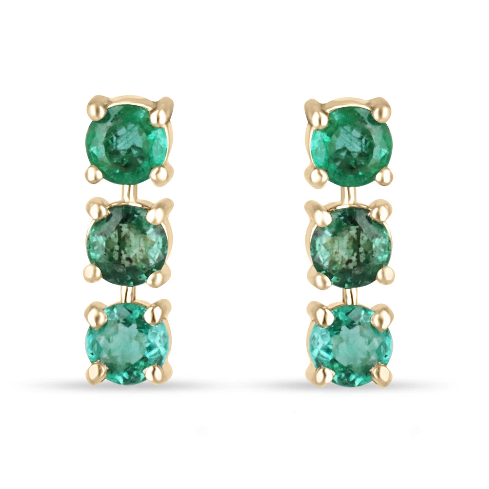 1.80TCW Earth Mined Round Emerald Drop Earrings in 14K Yellow Gold Lightweight Dangle Studs - JR Colombian Emeralds