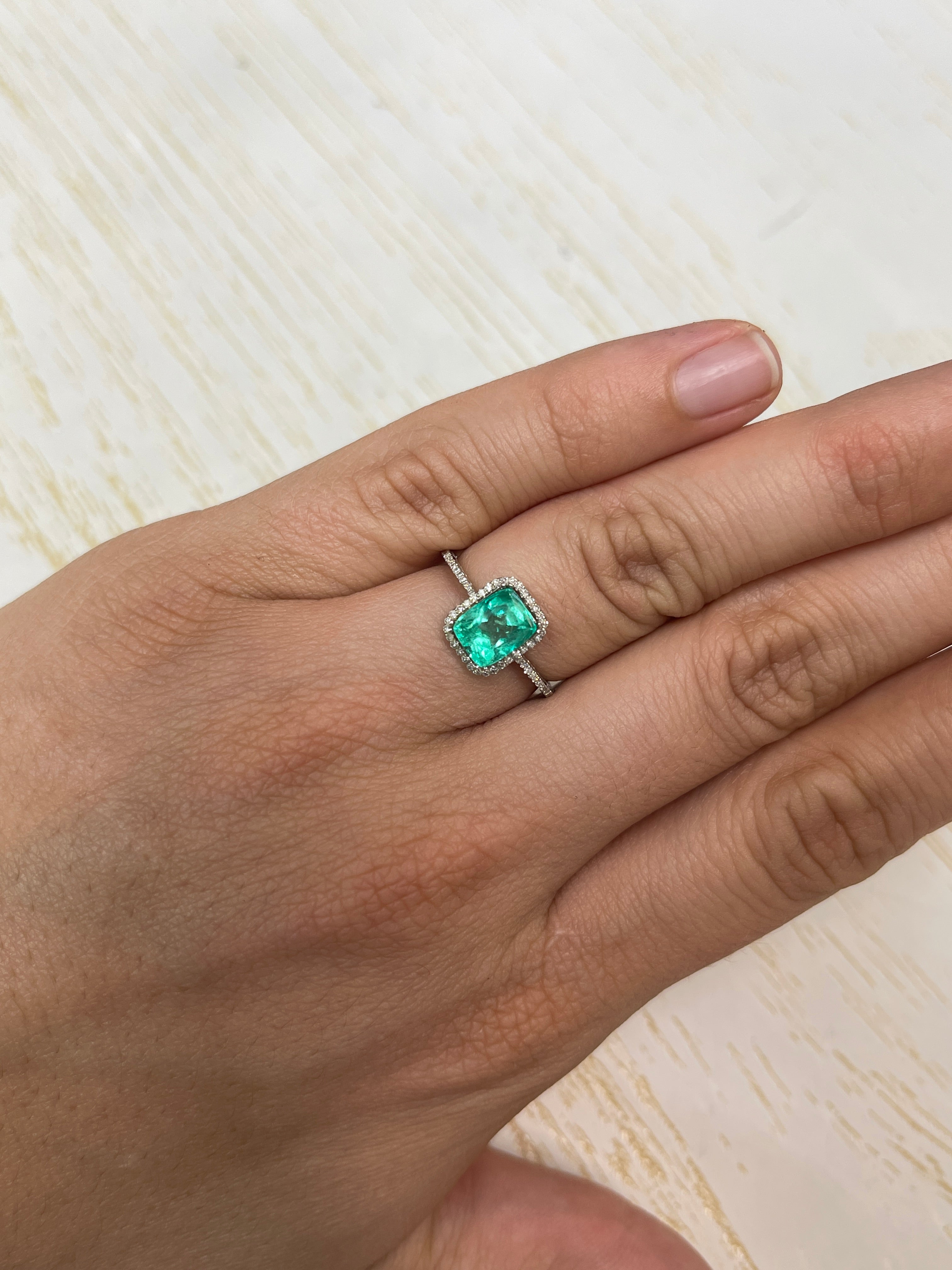 1.81 carat VVS green Colombian emerald loose gemstone with elongated cushion cut, natural Jyotish quality from JR Colombian Emeralds.