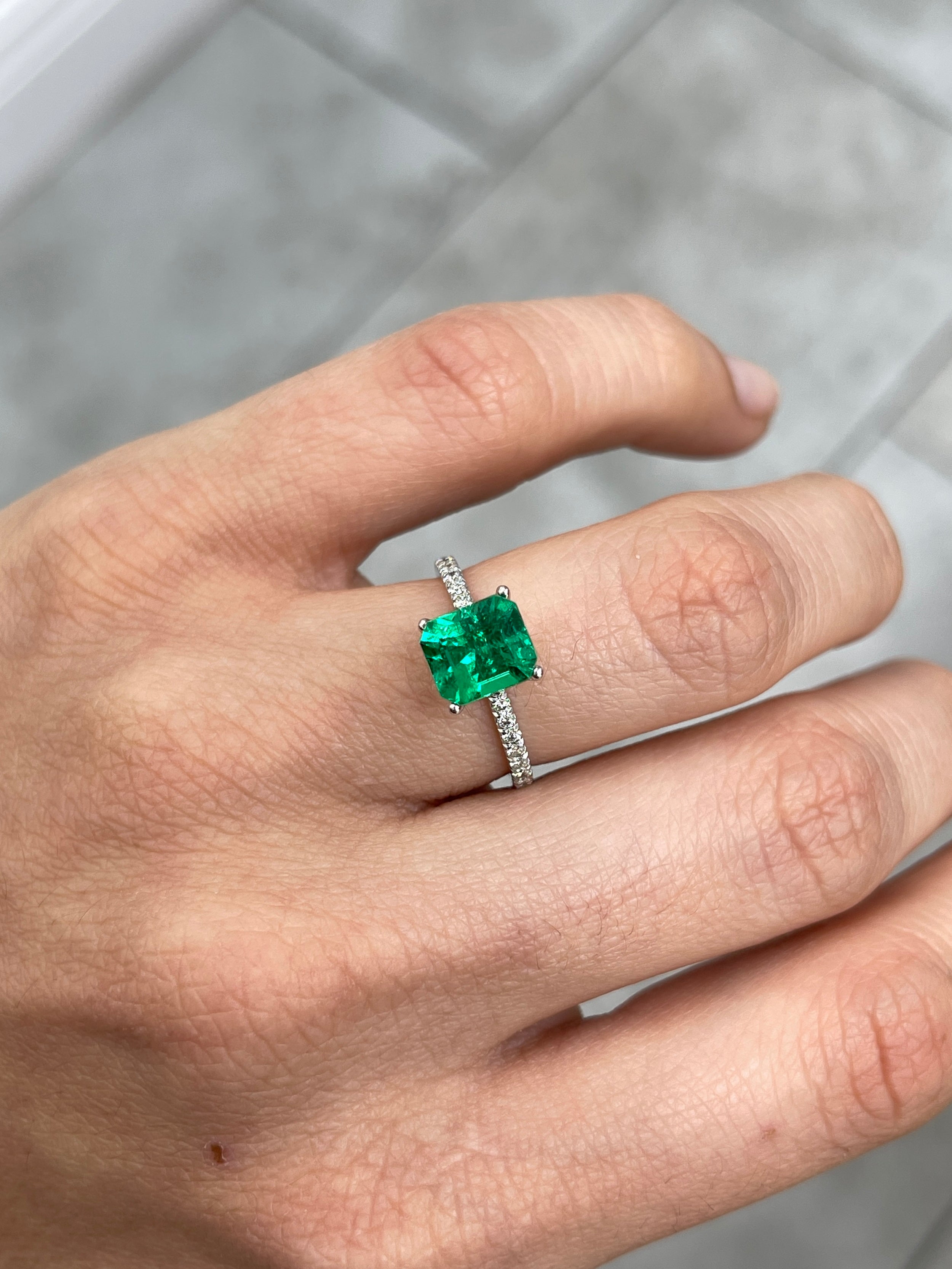 1.82 Carat 8x7 Vivacious Vivid Yellowish Green Loose Colombian Emerald-Emerald Cut - JR Colombian Emeralds