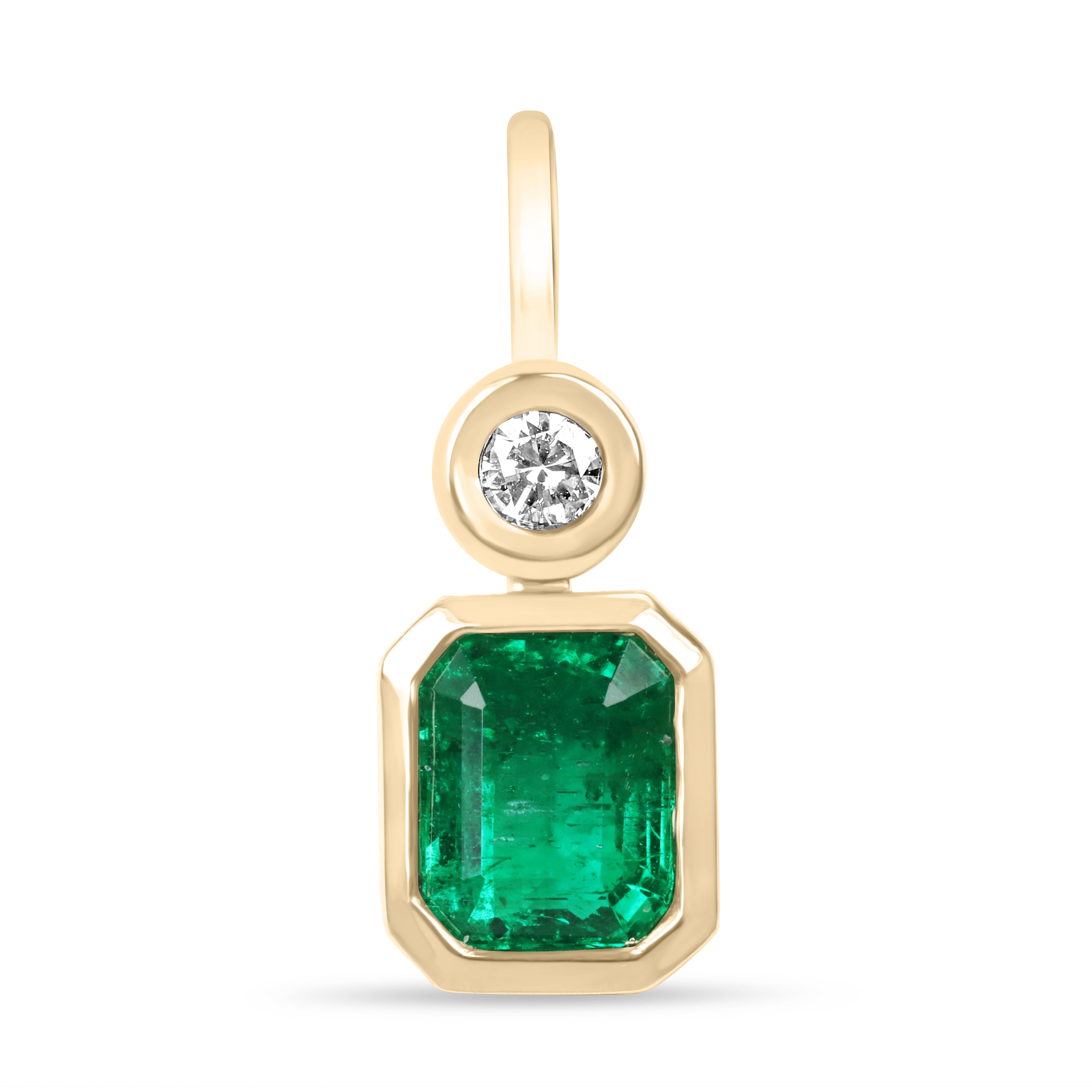 1.85tcw Bezel Set AAA Emerald & Round Diamond Accent Necklace Pendant 14K