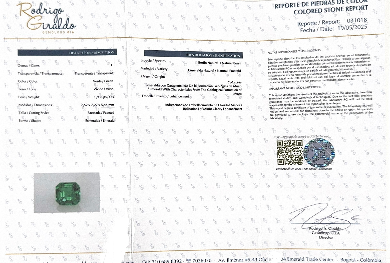 Smeraldo colombiano sfuso da 1,93 carati, 7,5 x 7,3 mm, AAA+, con lievi inclusioni oleose, colore vivido, taglio Asscher - JR Colombian Emeralds