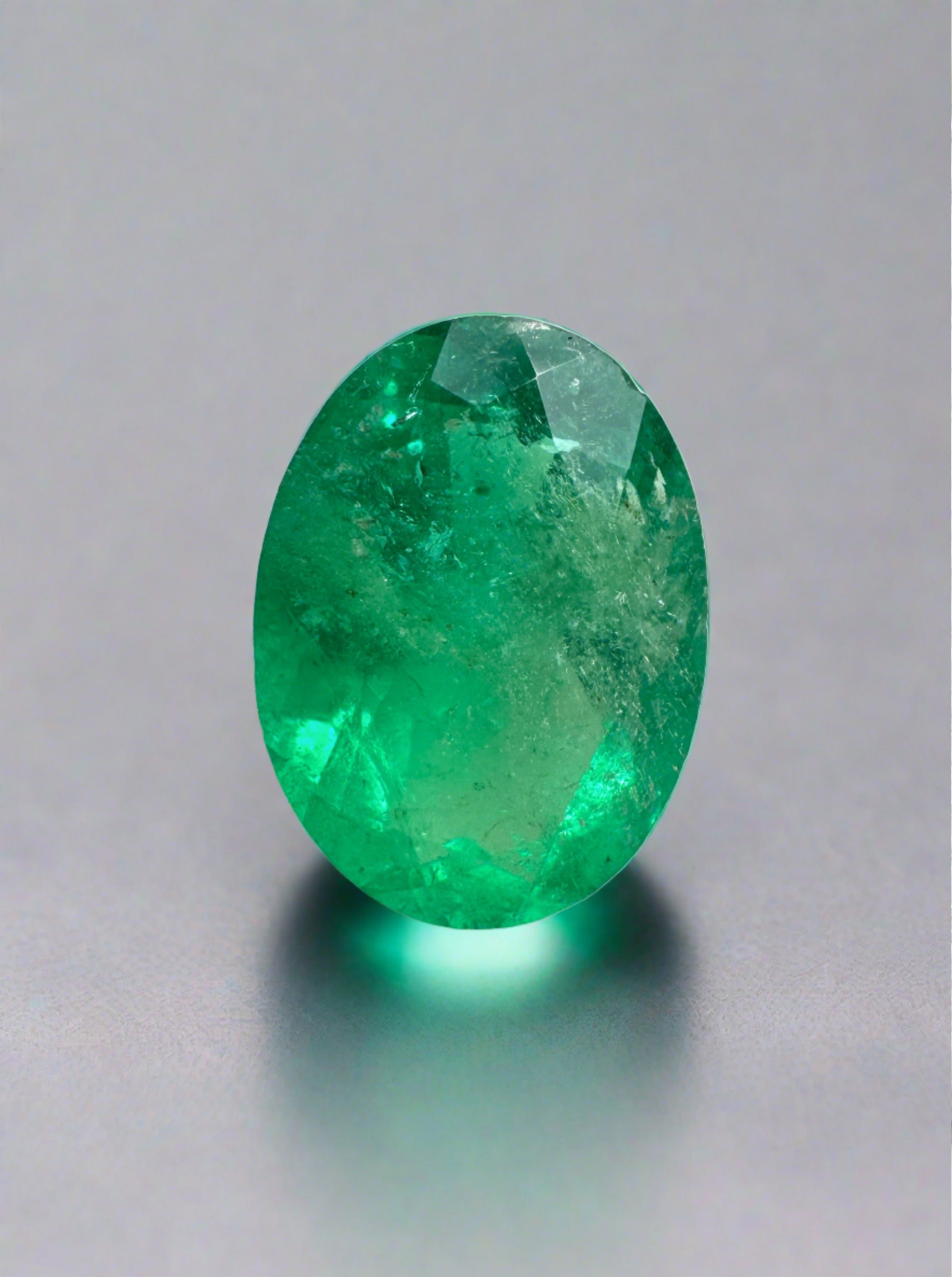 Oval cut 1.94 carat green natural Colombian emerald from JR Colombian Emeralds, loose gemstone on a neutral background.