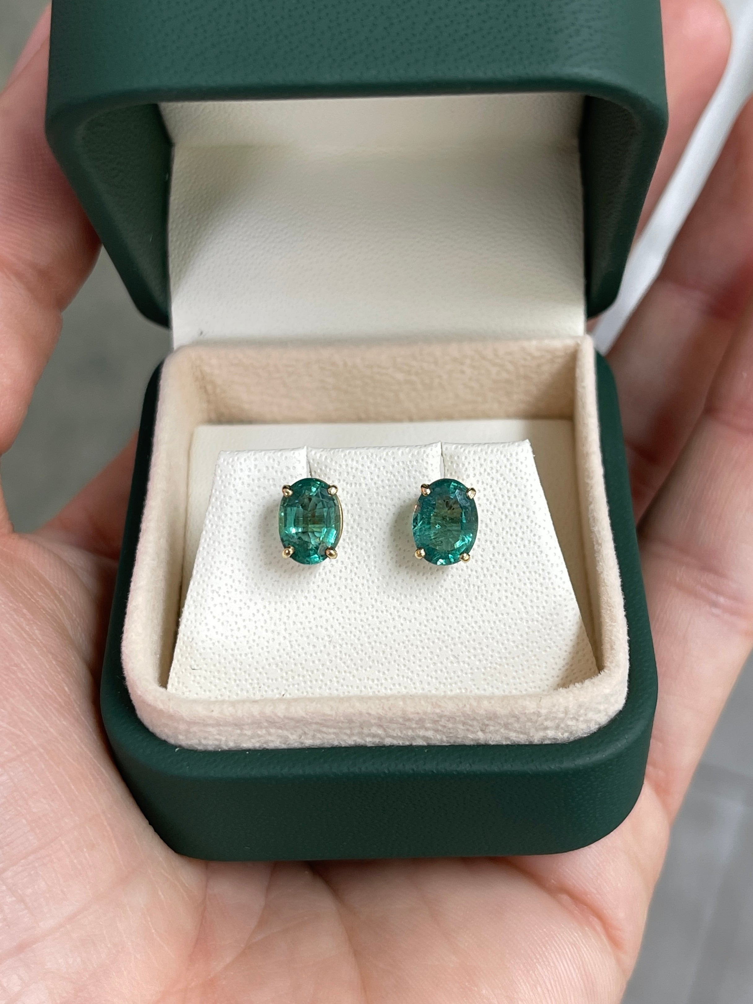 1.95tcw Natural Bluish Green Oval Classic Stud Earrings 14K Yellow Gold - JR Colombian Emeralds