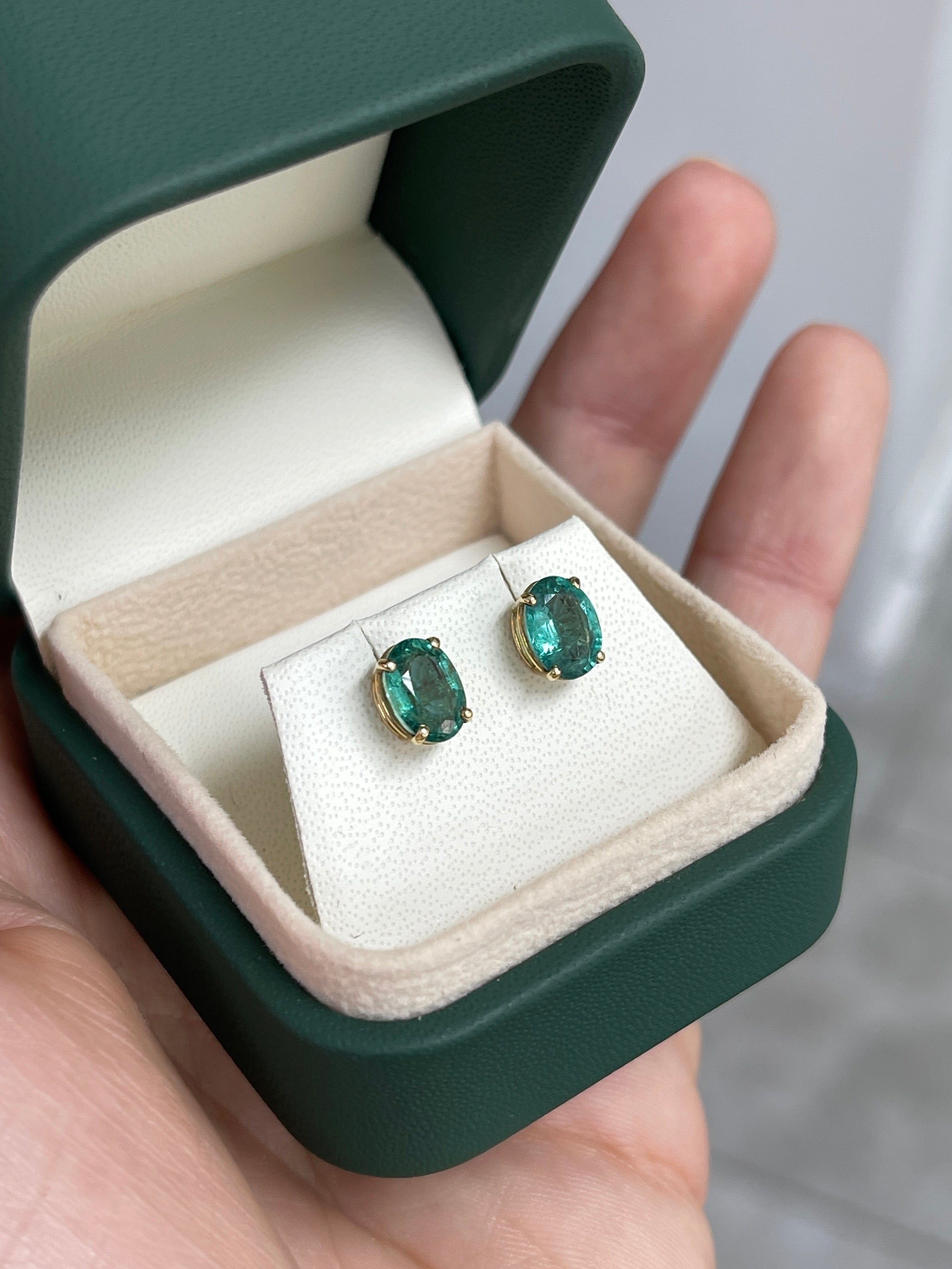 1.95tcw Natural Bluish Green Oval Classic Stud Earrings 14K Yellow Gold - JR Colombian Emeralds