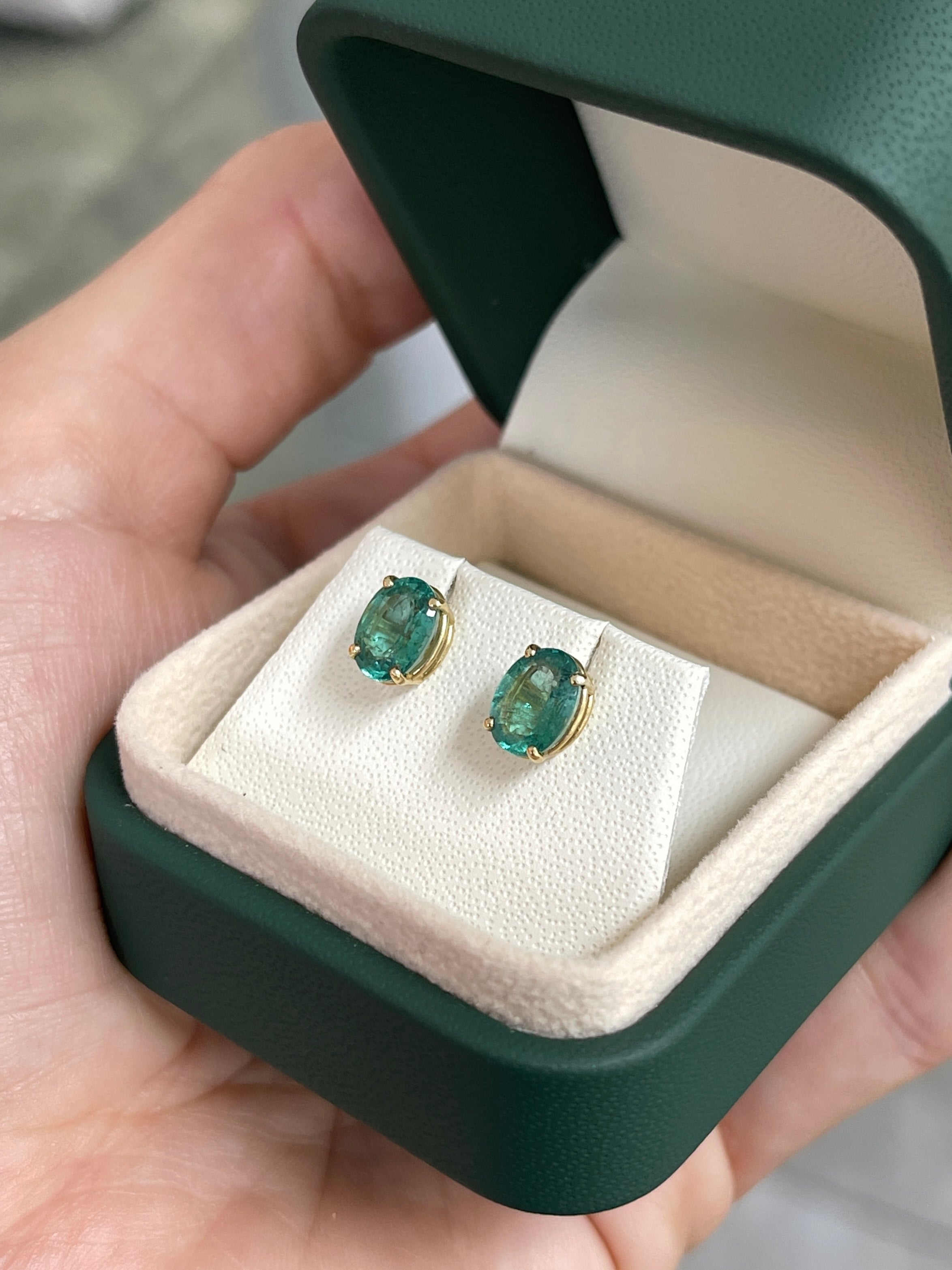 1.95tcw Natural Bluish Green Oval Classic Stud Earrings 14K Yellow Gold - JR Colombian Emeralds