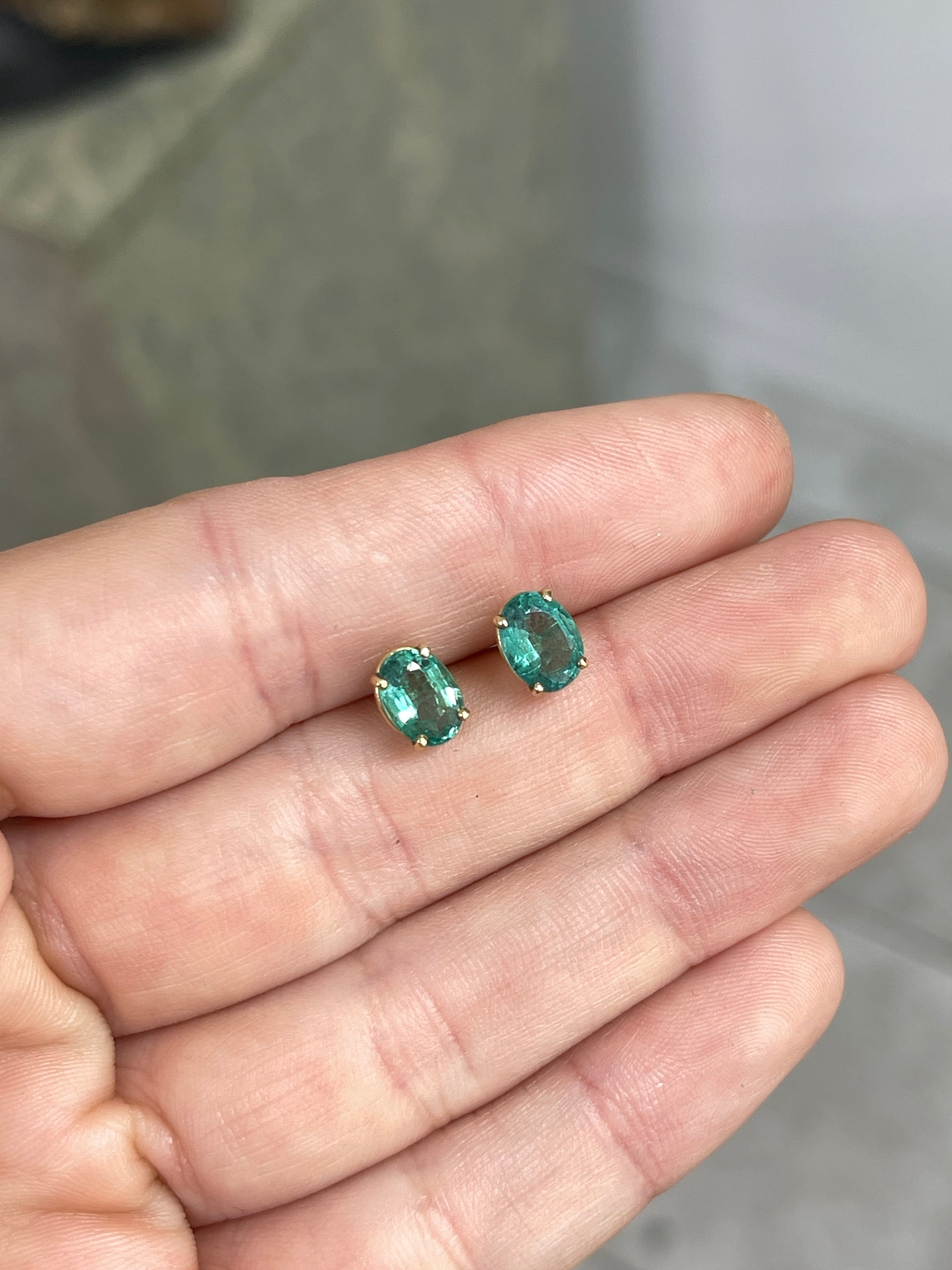 1.95tcw Natural Bluish Green Oval Classic Stud Earrings 14K Yellow Gold - JR Colombian Emeralds
