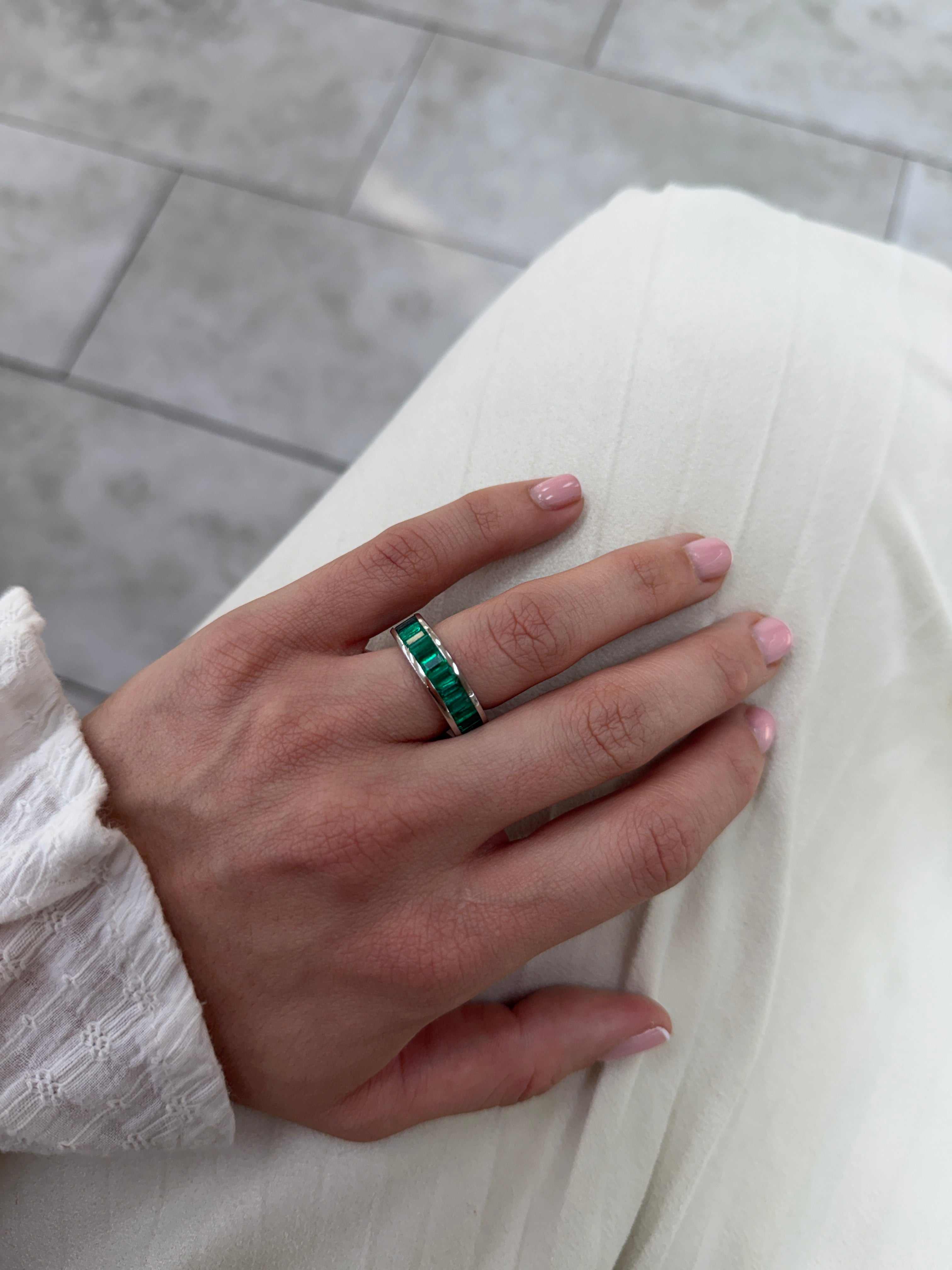 Platinum eternity band with 10.05tcw Colombian emeralds and blue sapphires, channel set, size 7, by JR Colombian Emeralds.