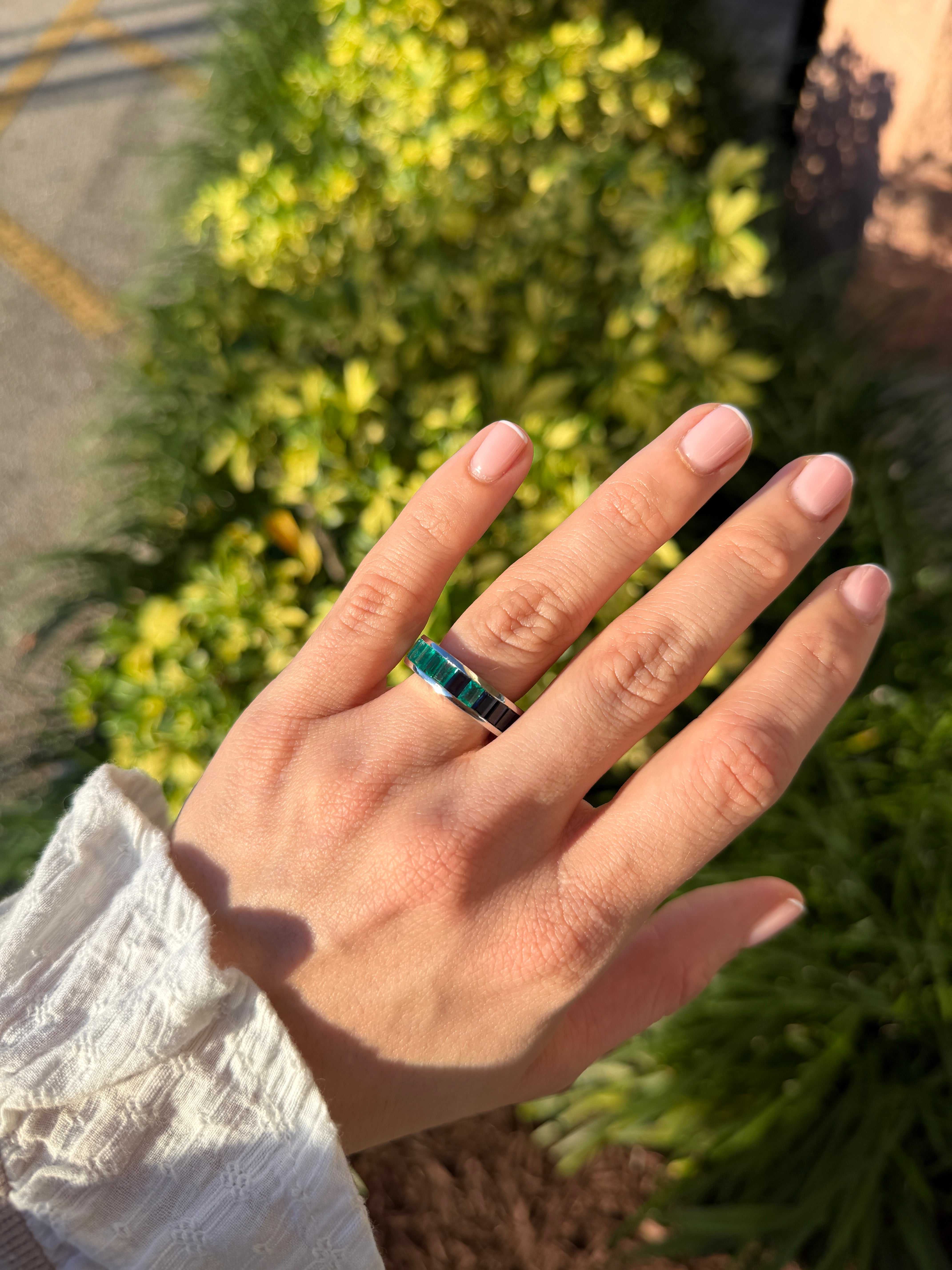 Platinum eternity band with 10.05tcw Colombian emerald and blue sapphire baguette gemstones, size 7, by JR Colombian Emeralds.