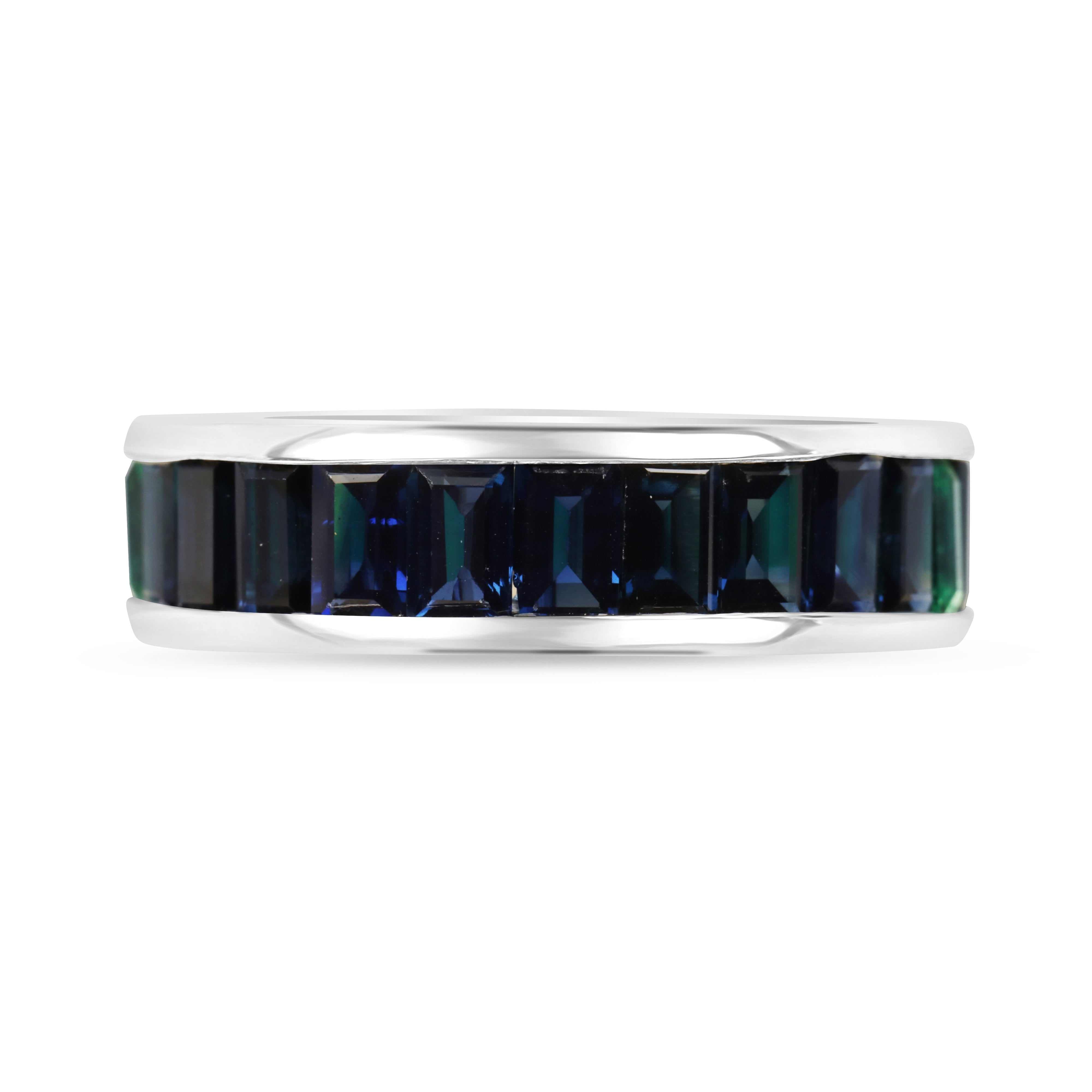 Platinum eternity band with 10.05tcw Colombian emeralds and blue sapphires, channel set in size 7, by JR Colombian Emeralds.