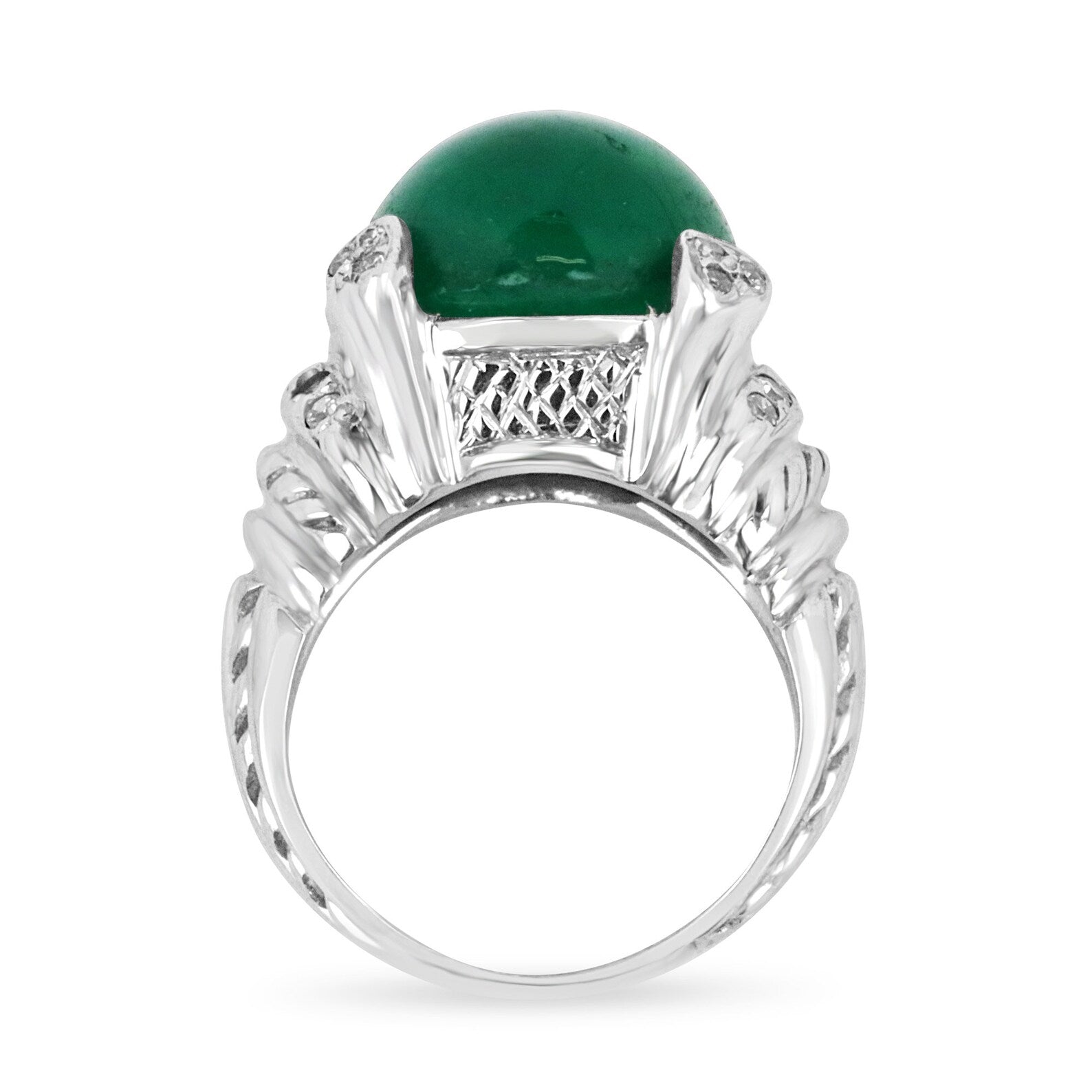 12.71tcw Large Deep Green Cabochon Colombian Emerald & Diamond Accent Statement Ring 14K - JR Colombian Emeralds