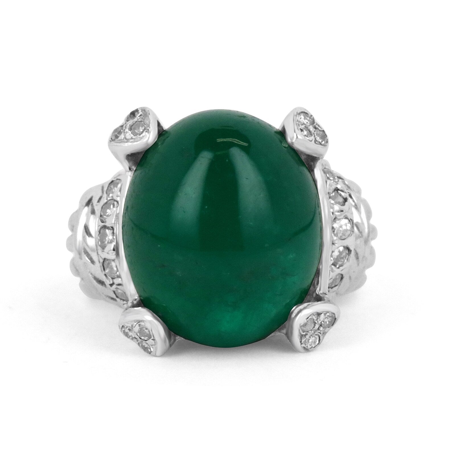 12.71tcw Large Deep Green Cabochon Colombian Emerald & Diamond Accent Statement Ring 14K - JR Colombian Emeralds