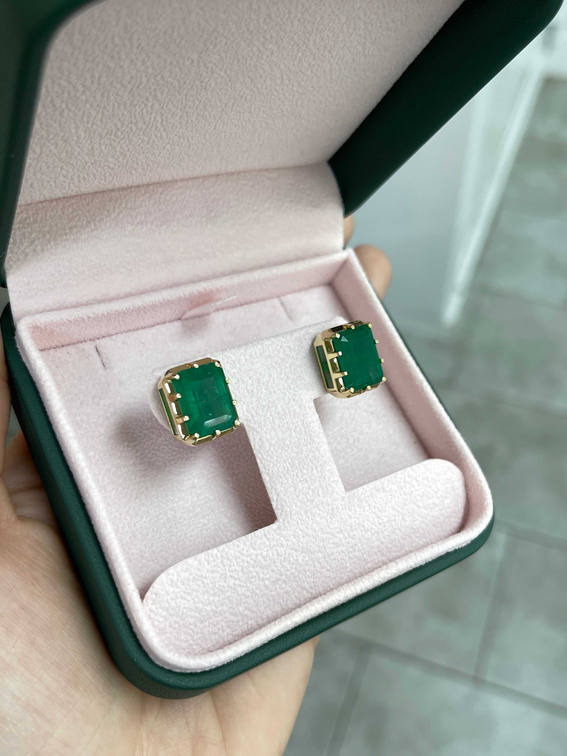 13.90tcw Zambian Emerald Multi Prong 18K Statement Studs - JR Colombian Emeralds