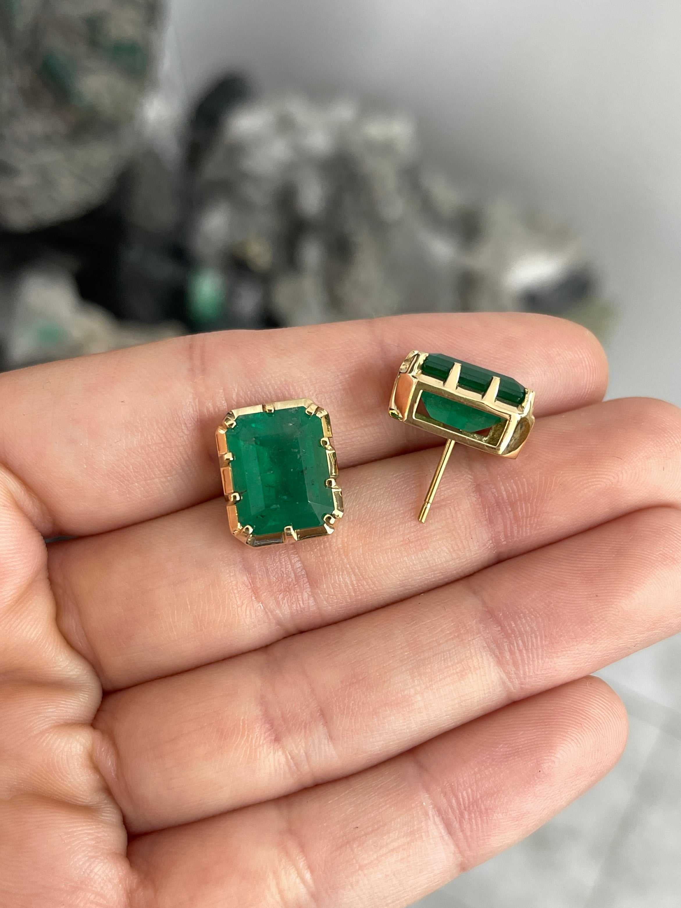 13.90tcw Zambian Emerald Multi Prong 18K Statement Studs - JR Colombian Emeralds
