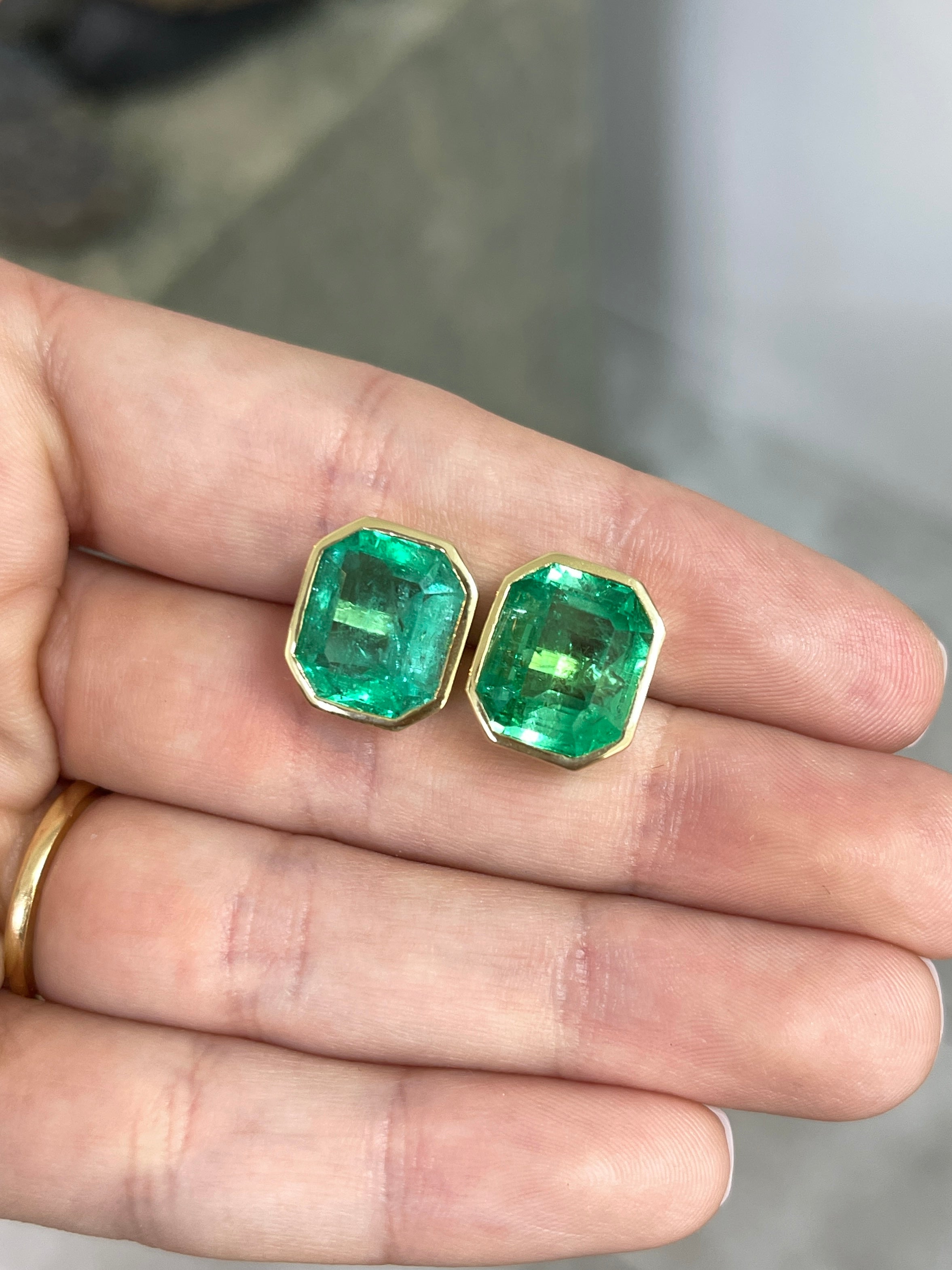 14.30tcw Large Bezel Set Natural Colombian Emerald Studs 18K - JR Colombian Emeralds