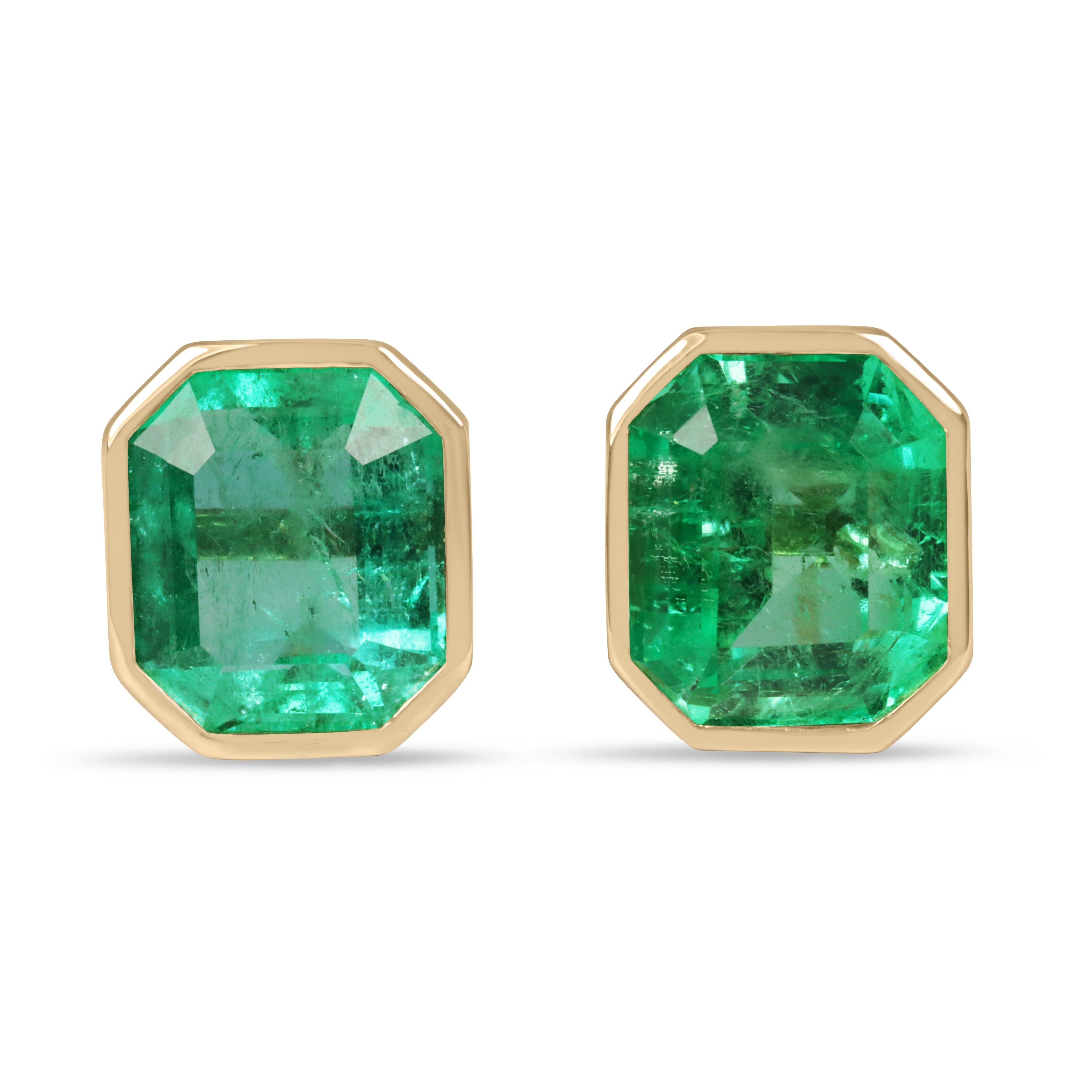 14.30tcw Large Bezel Set Natural Colombian Emerald Studs 18K - JR Colombian Emeralds