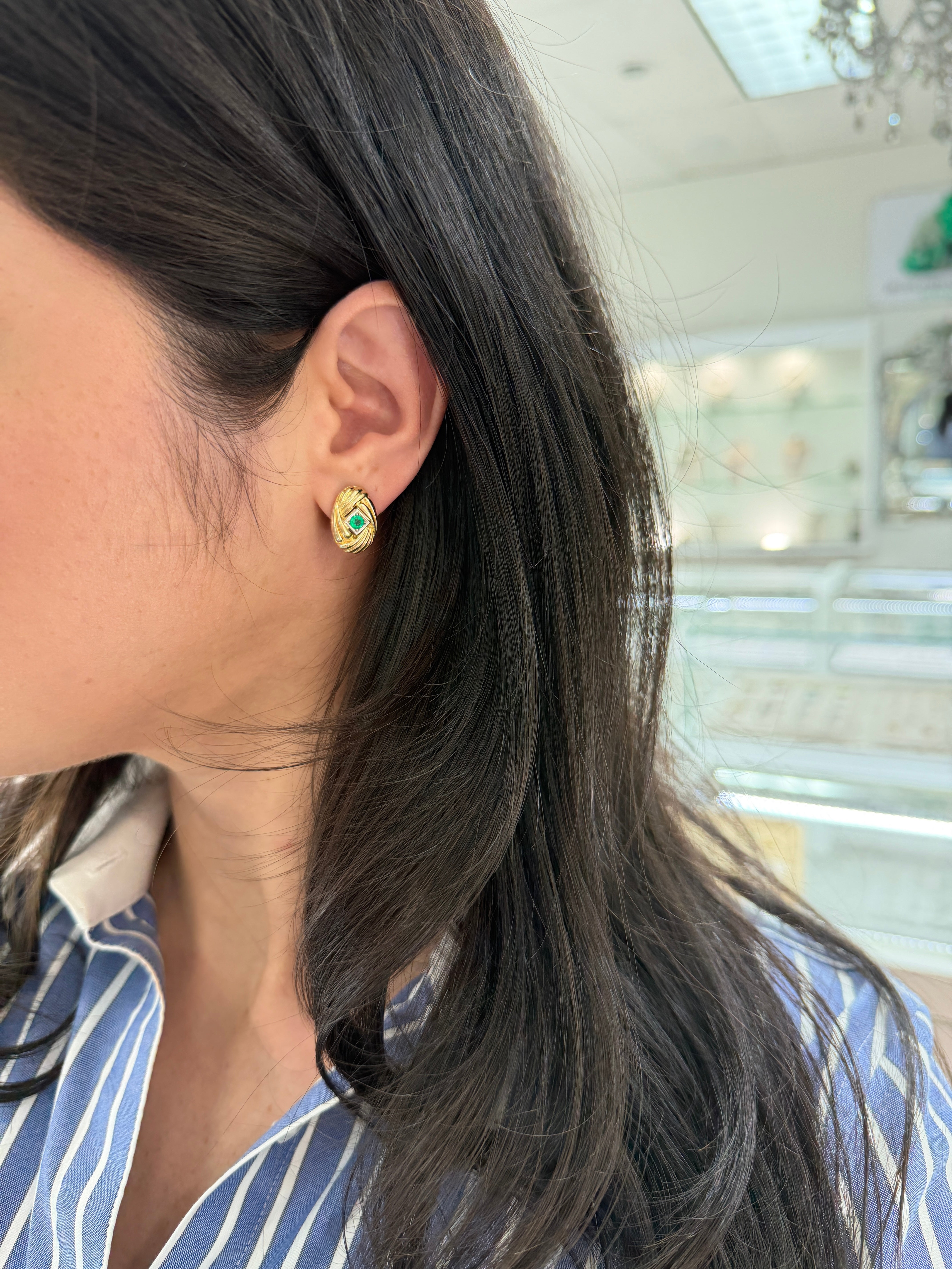 14K gold vintage Zambian emerald statement earrings with scroll vortex design and 0.70tcw emeralds by JR Colombian Emeralds