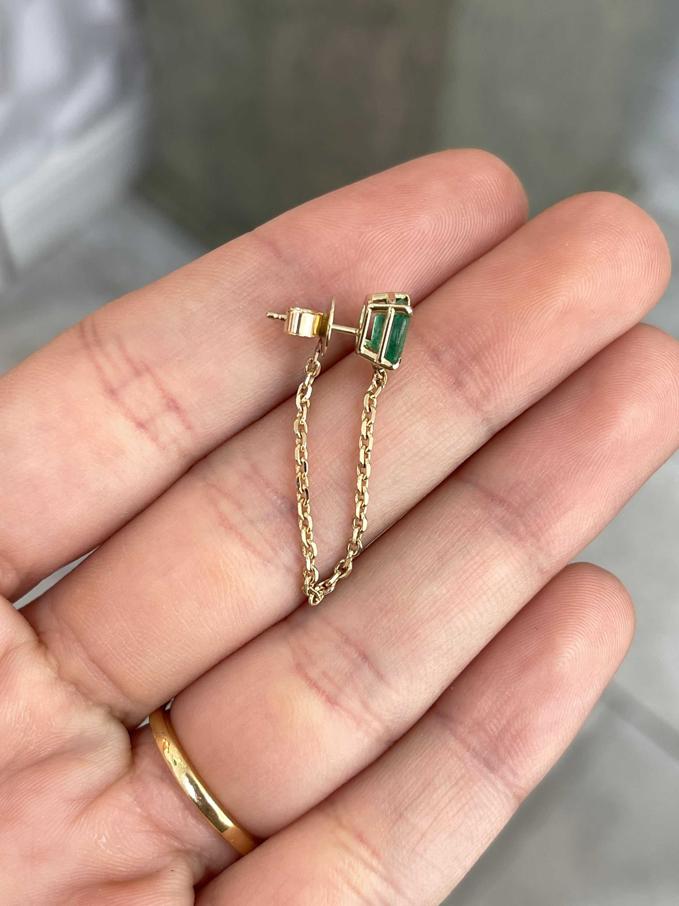 14K Single Emerald Chain Stud Earring- Asscher Cut - JR Colombian Emeralds