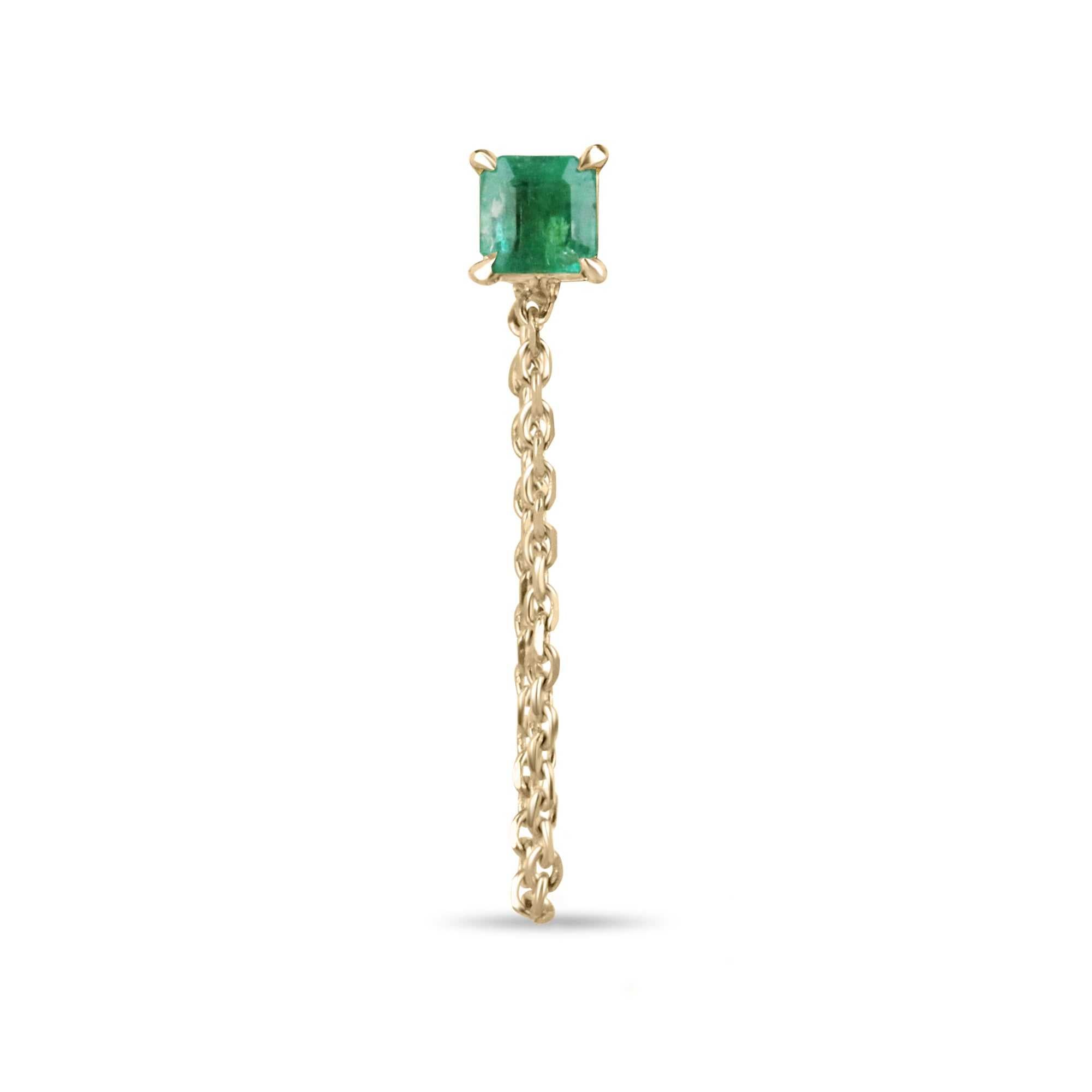 14K gold single emerald stud earring with asscher cut and dangling chain