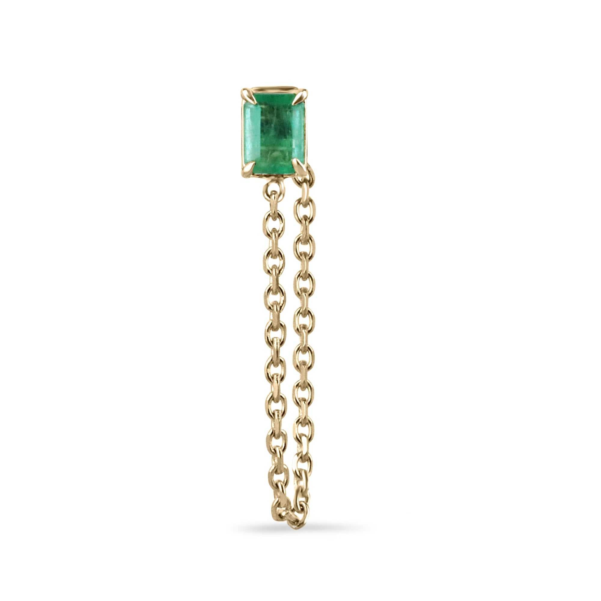 14K gold emerald cut single stud earring with dangling chain