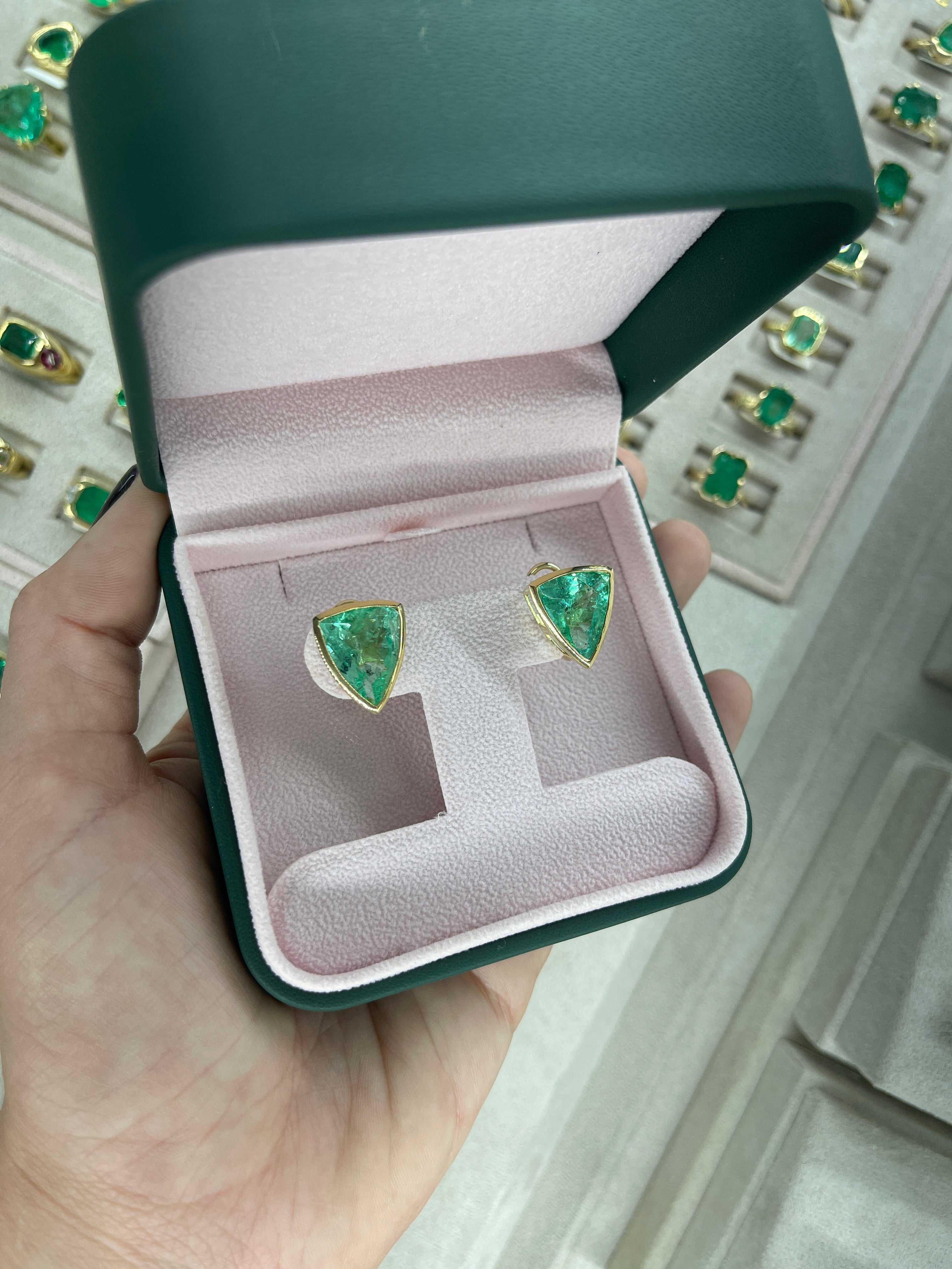 15.76tcw RARE LARGE Trillion Cut Colombian Emerald Bezel Set Omega Earrings 18K - JR Colombian Emeralds