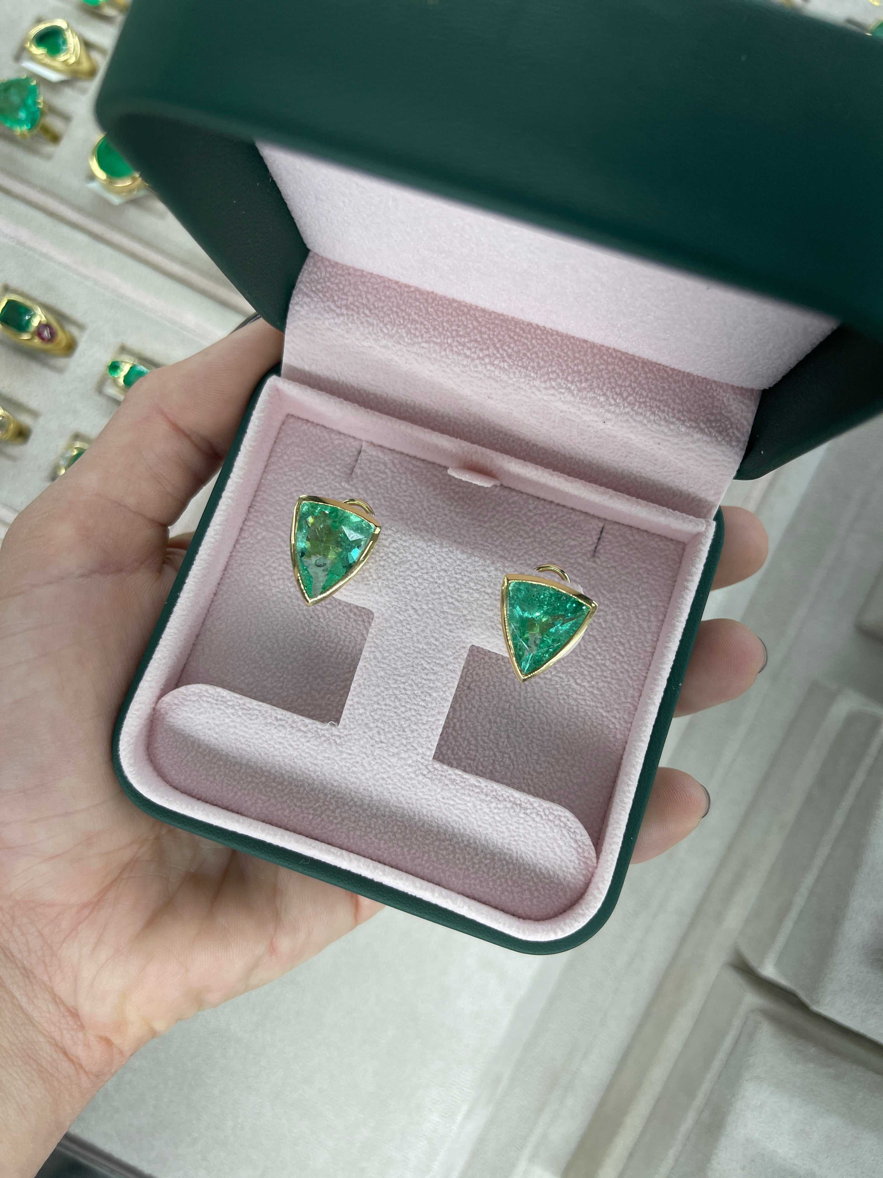 15.76tcw RARE LARGE Trillion Cut Colombian Emerald Bezel Set Omega Earrings 18K - JR Colombian Emeralds