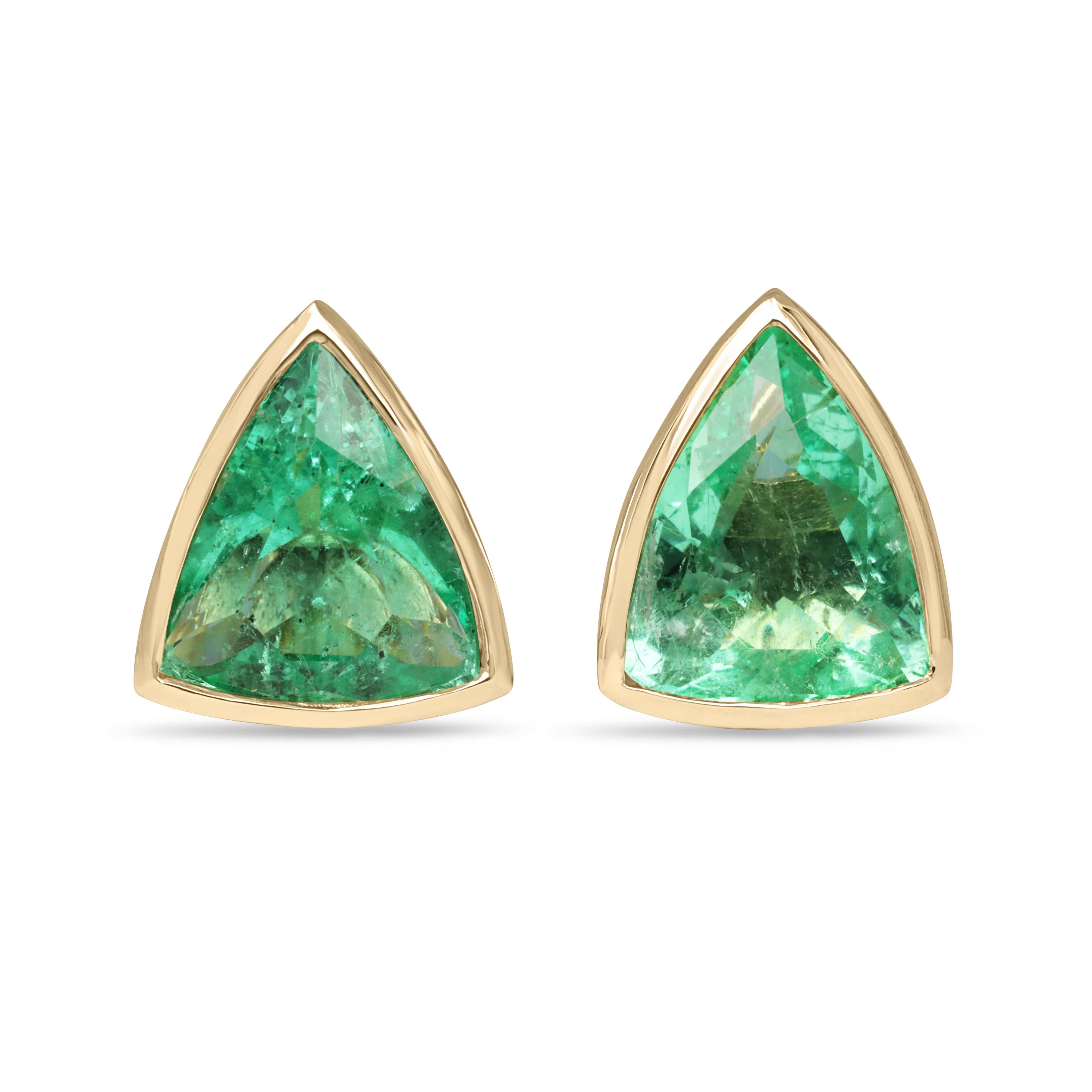 15.76tcw rare large trillion cut Colombian emerald bezel set 18K gold omega earrings