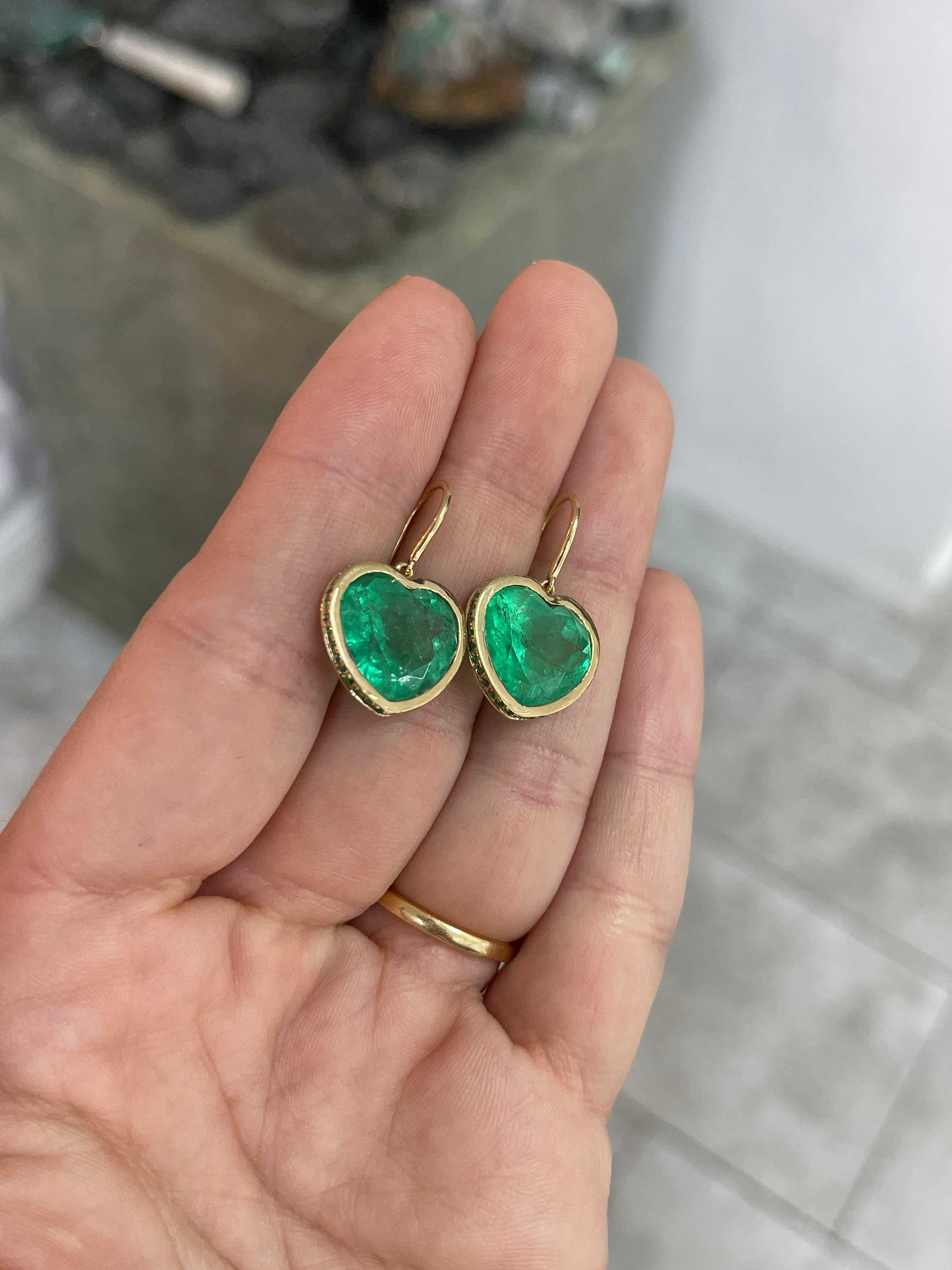 17.40tcw Bubbly Colombian Emerald Heart Dangle Earrings with Ombre Diamond & Emerald Bezel 18K - JR Colombian Emeralds