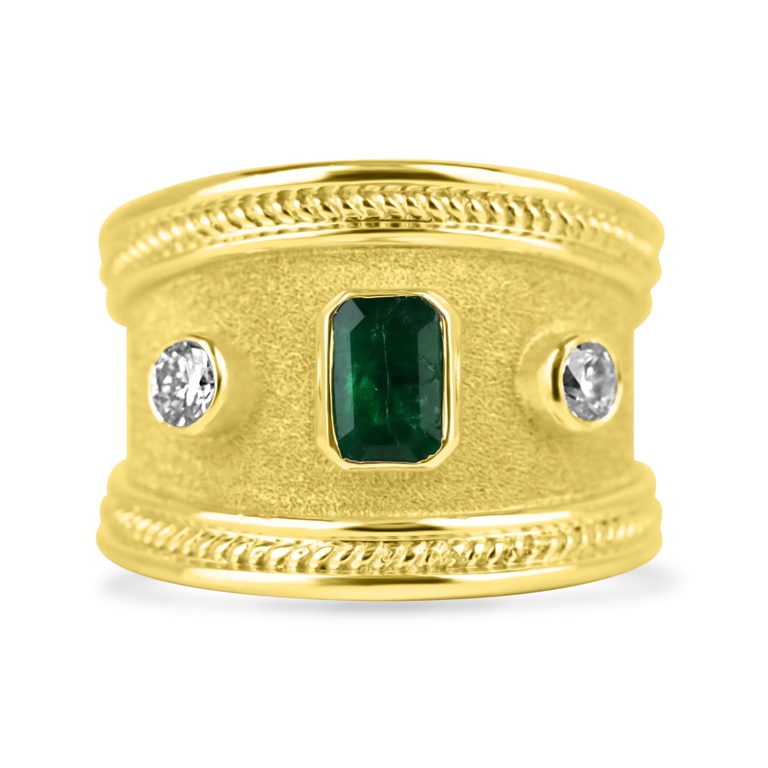 18K Byzantine emerald and diamond three-stone ring with bezel setting in yellow gold, size 6