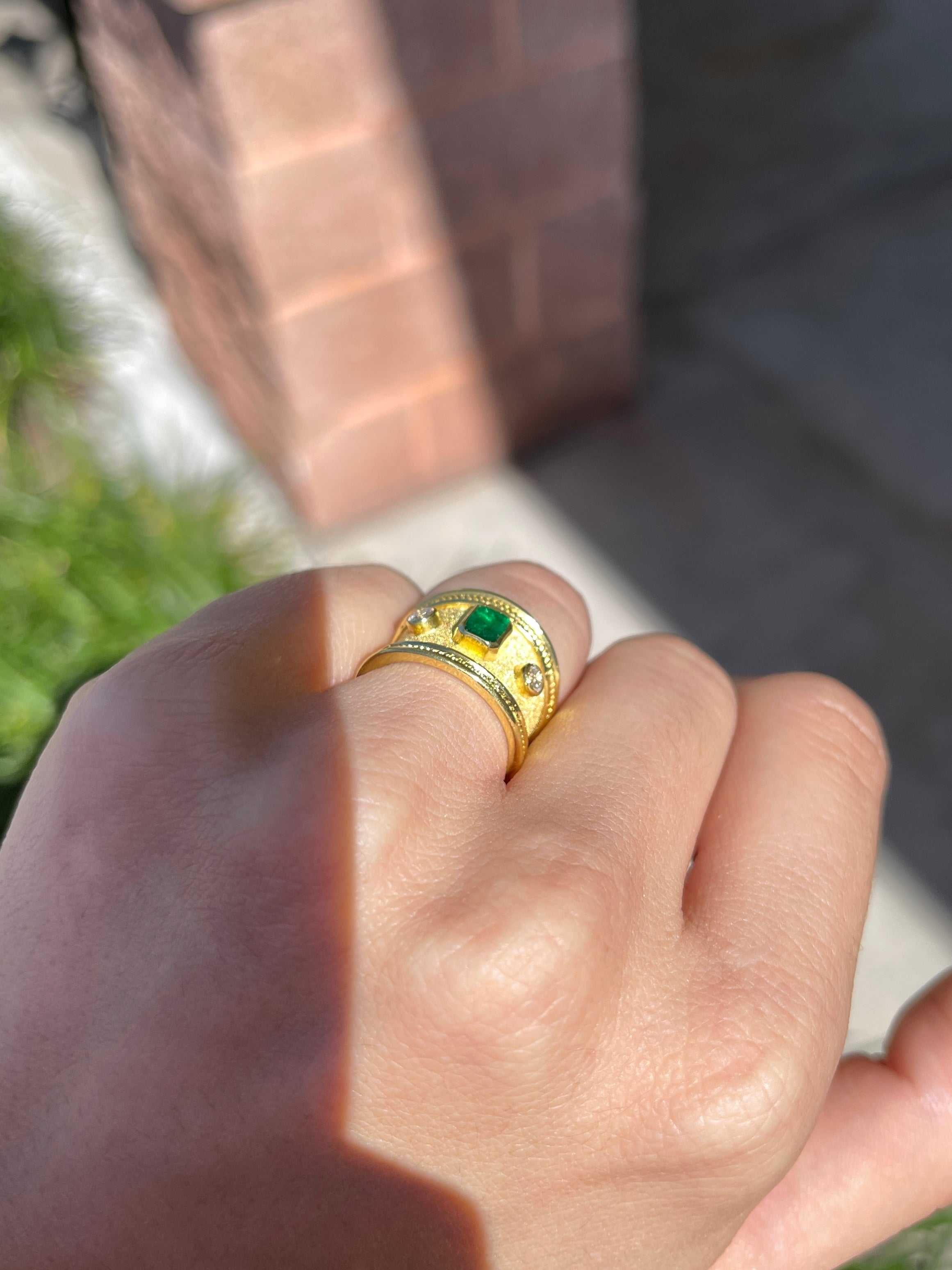 18K Byzantine Emerald & Diamond Three Stone Ring Size 6 - JR Colombian Emeralds