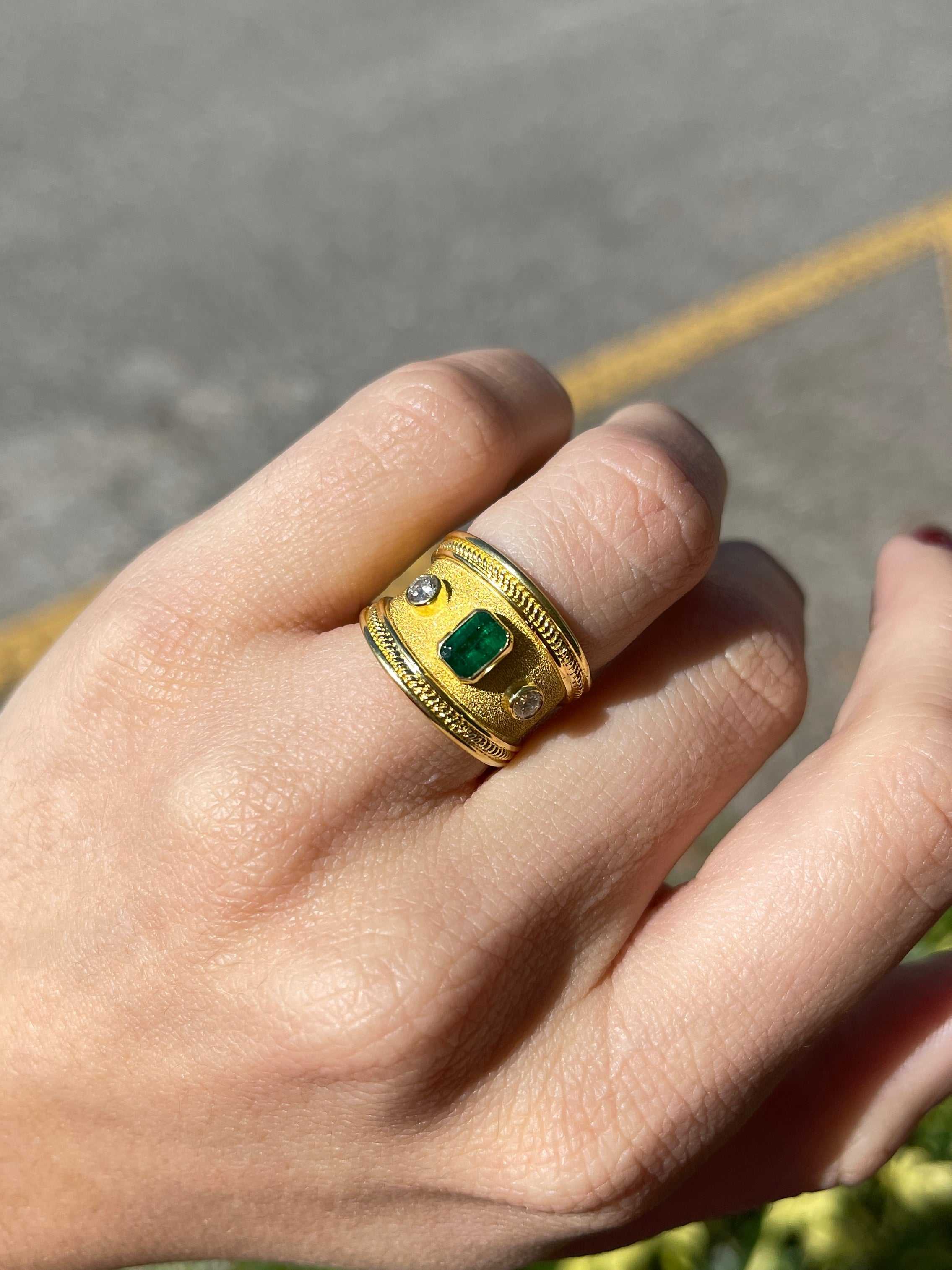 18K Byzantine Emerald & Diamond Three Stone Ring Size 6 - JR Colombian Emeralds