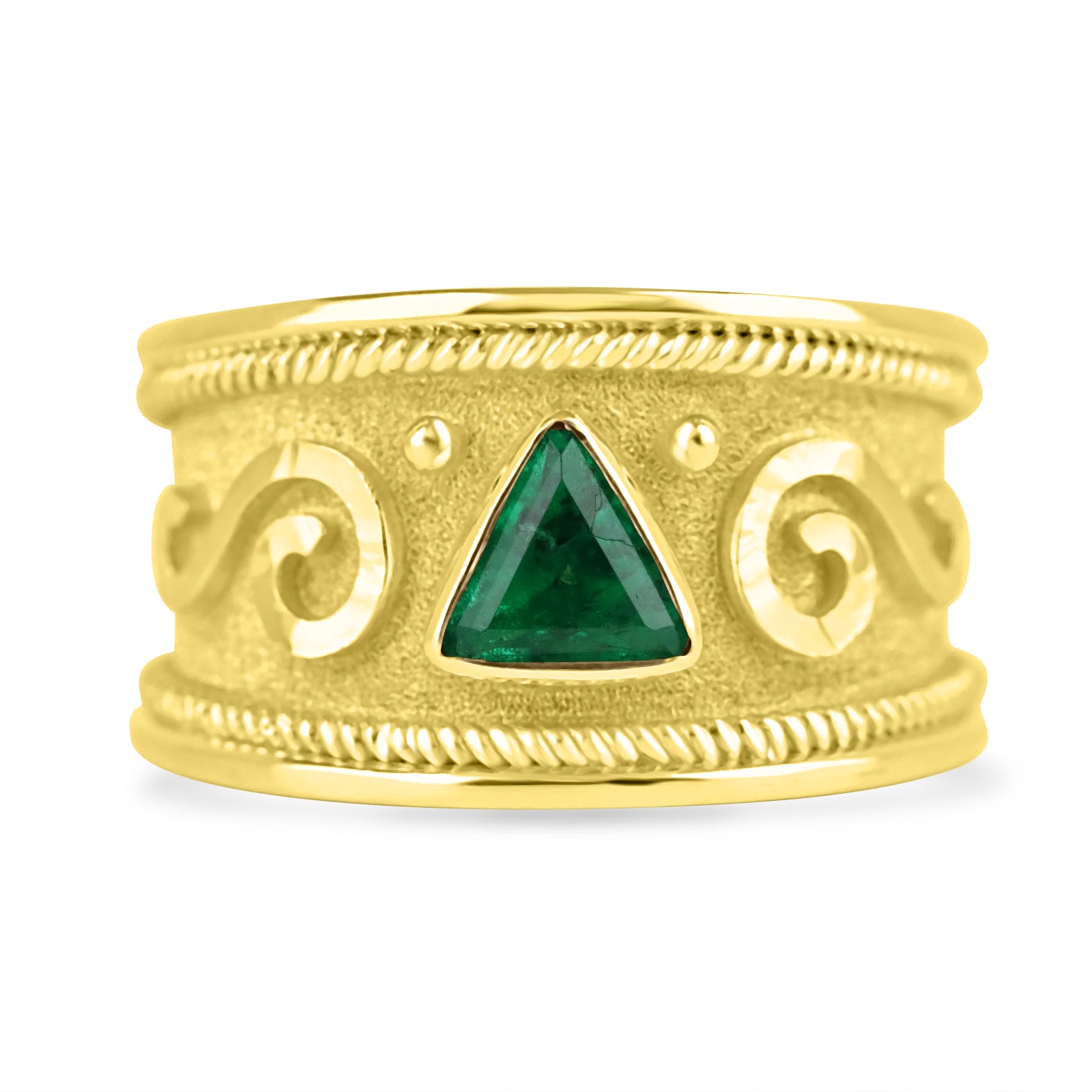 18K Byzantine Trillion Emerald Solitaire Ring Size 6 - JR Colombian Emeralds