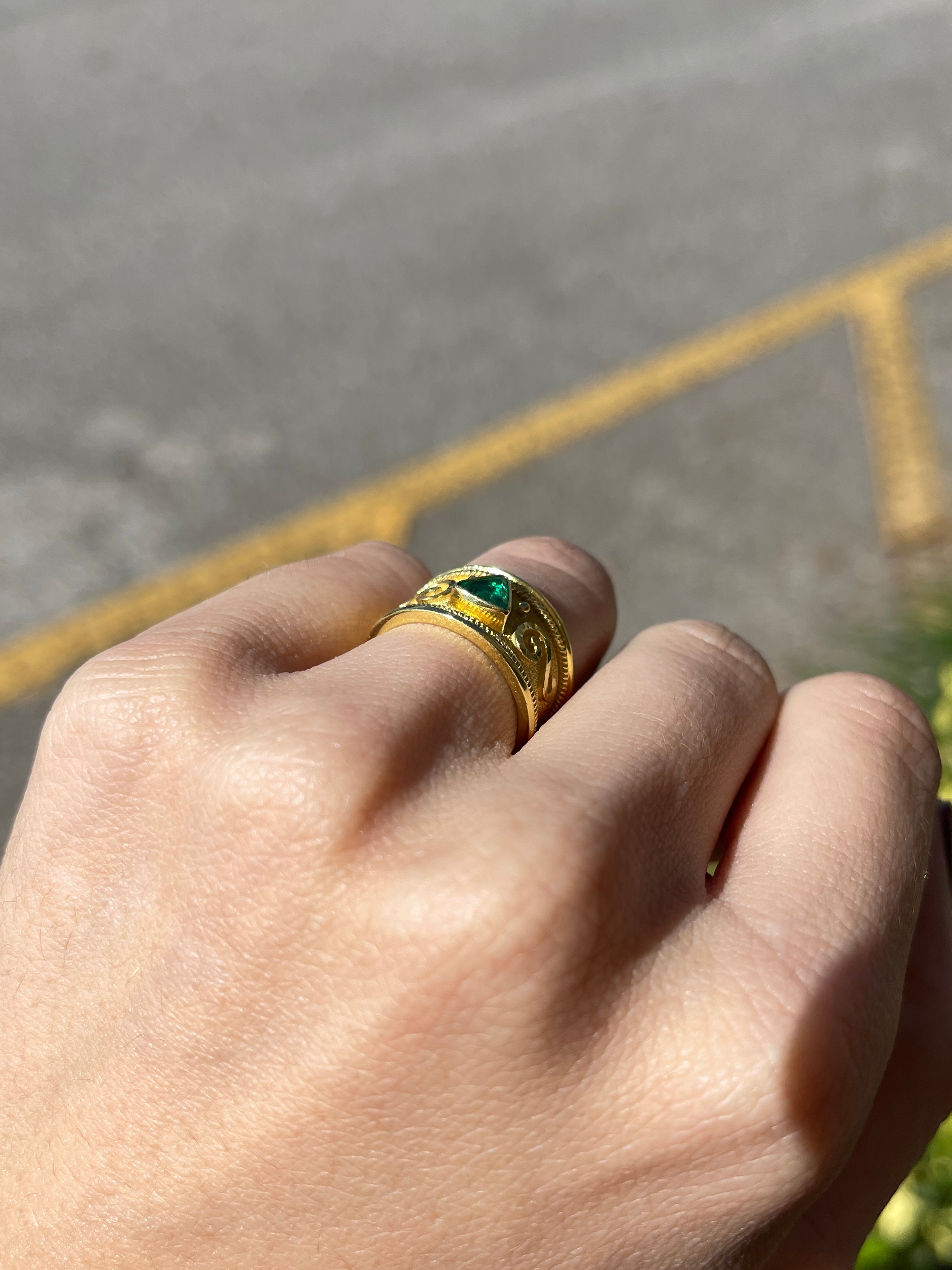 18K Byzantine Trillion Emerald Solitaire Ring Size 6 - JR Colombian Emeralds