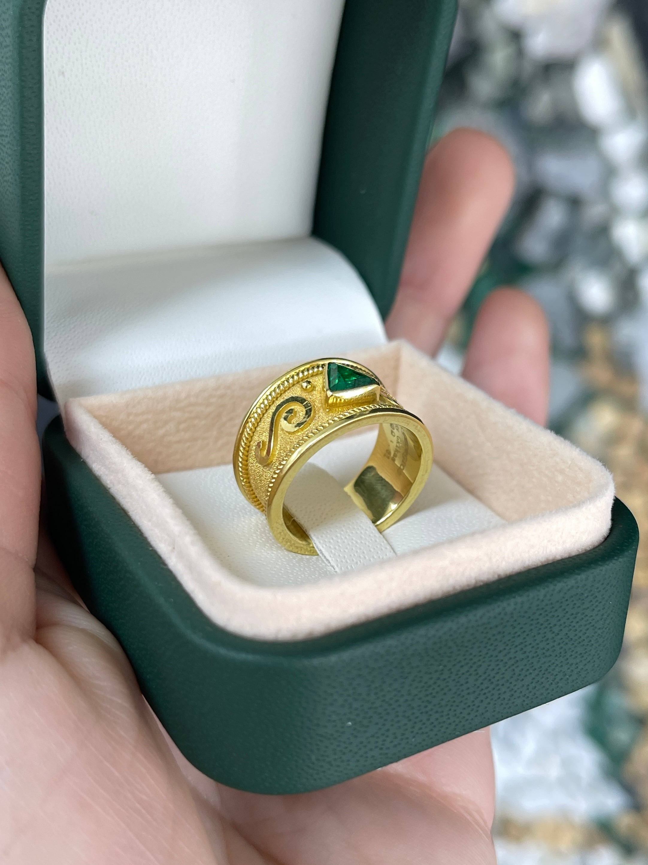 18K Byzantine Trillion Emerald Solitaire Ring Size 6 - JR Colombian Emeralds