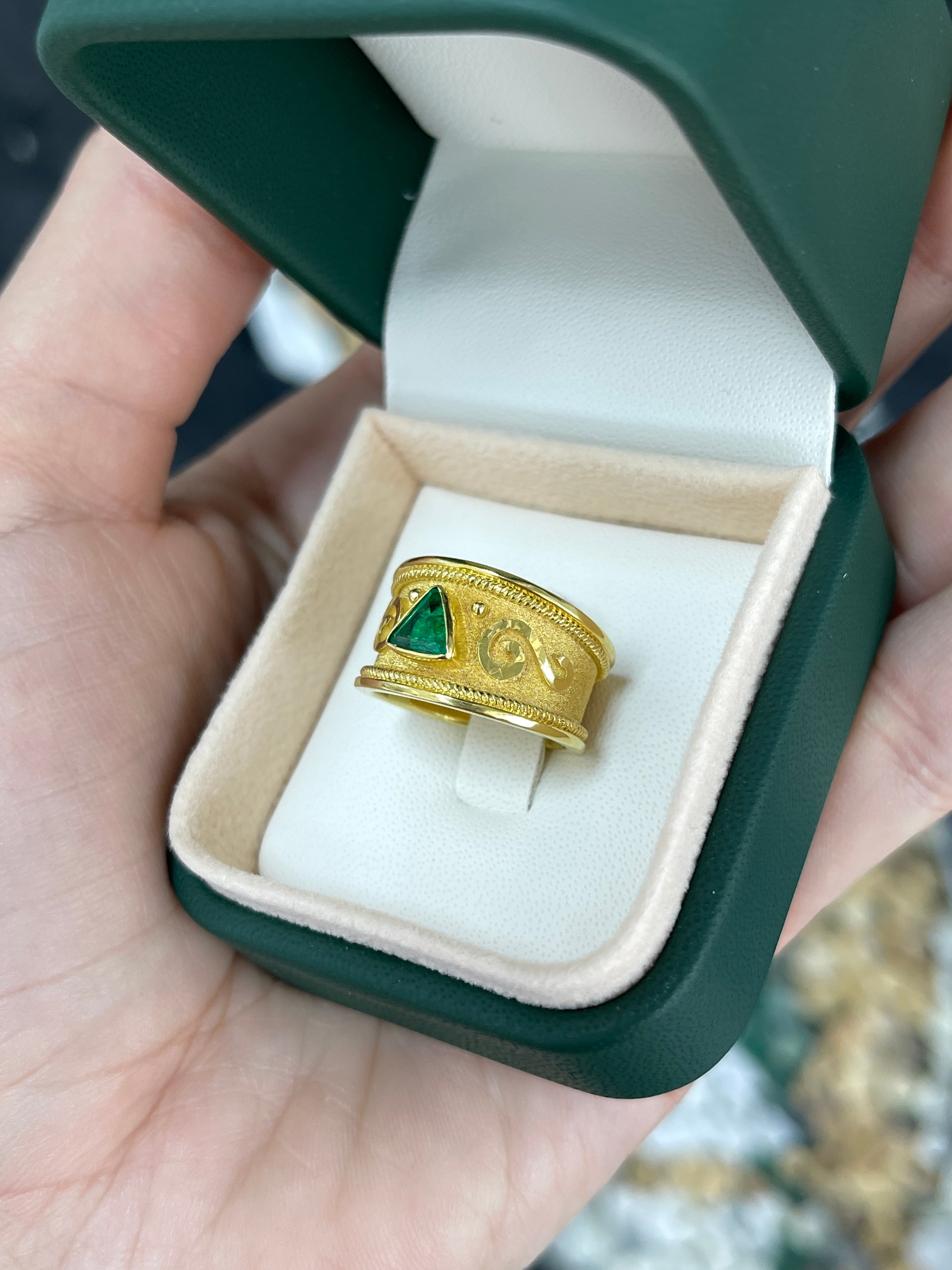 18K Byzantine Trillion Emerald Solitaire Ring Size 6 - JR Colombian Emeralds
