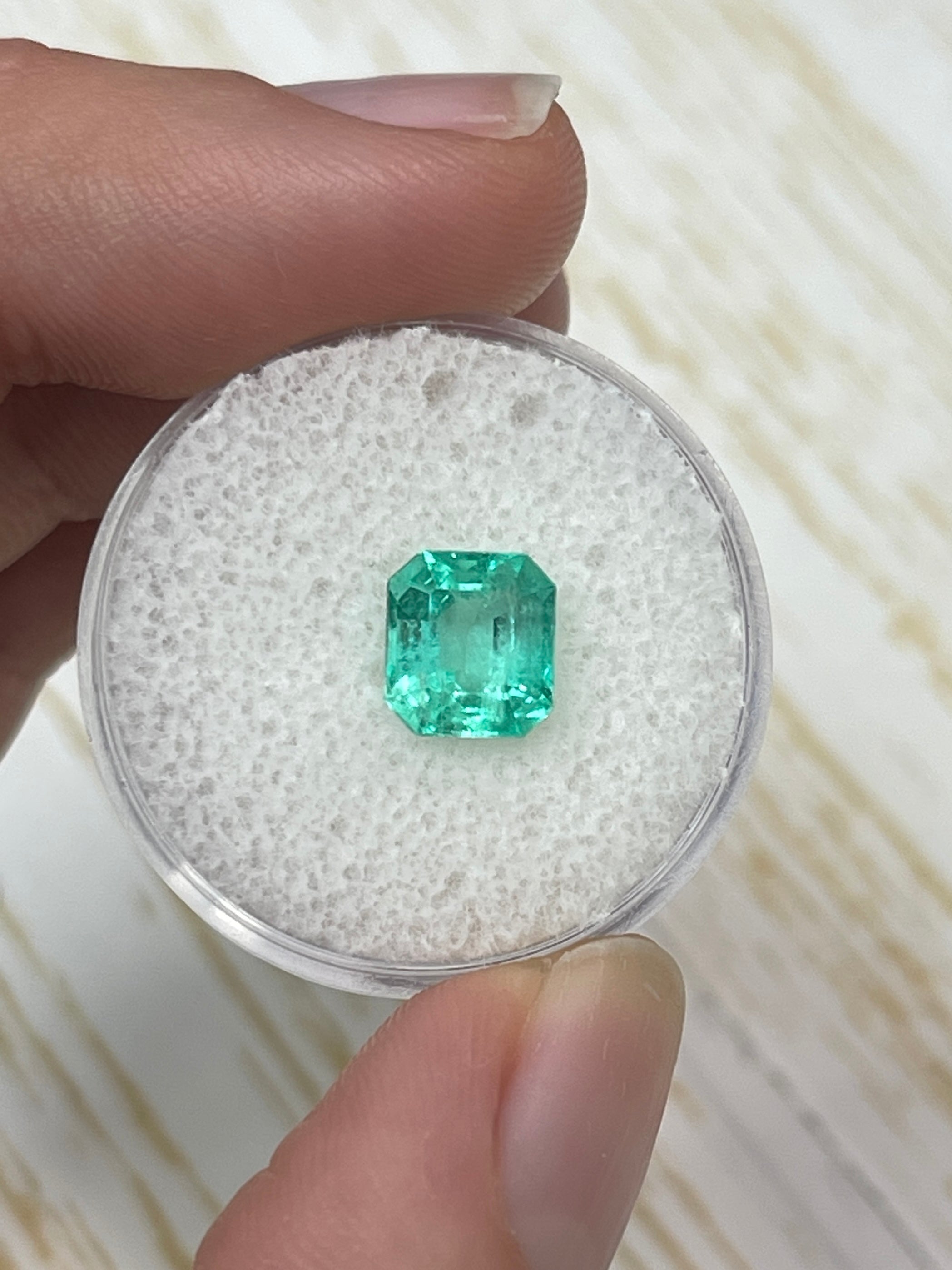 2.03 Carat bluish green Colombian emerald cut gemstone, eye-clean, natural unset emerald from JR Colombian Emeralds.