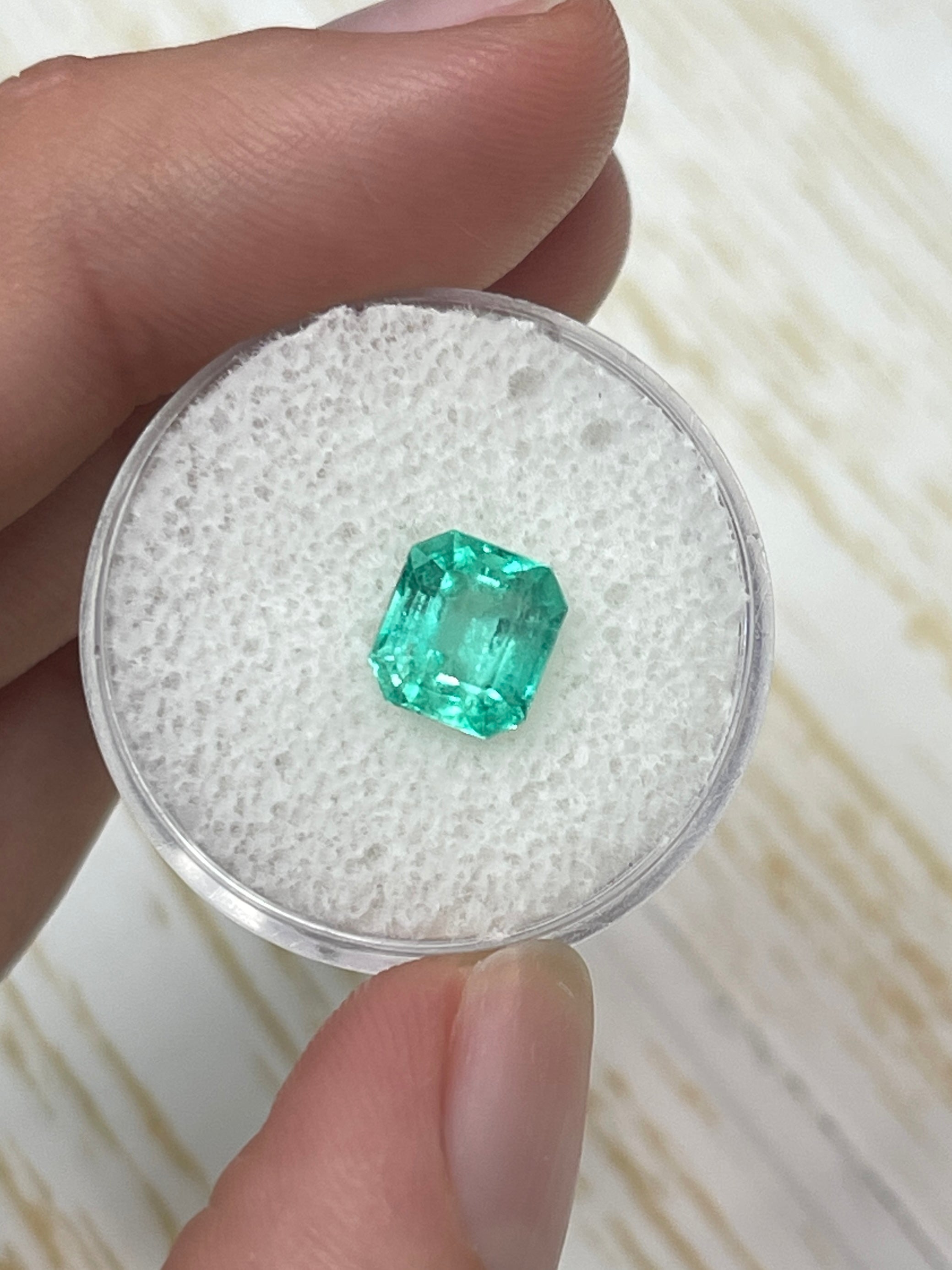2.03 carat bluish green Colombian emerald cut emerald from JR Colombian Emeralds, eye clean, natural and unset.