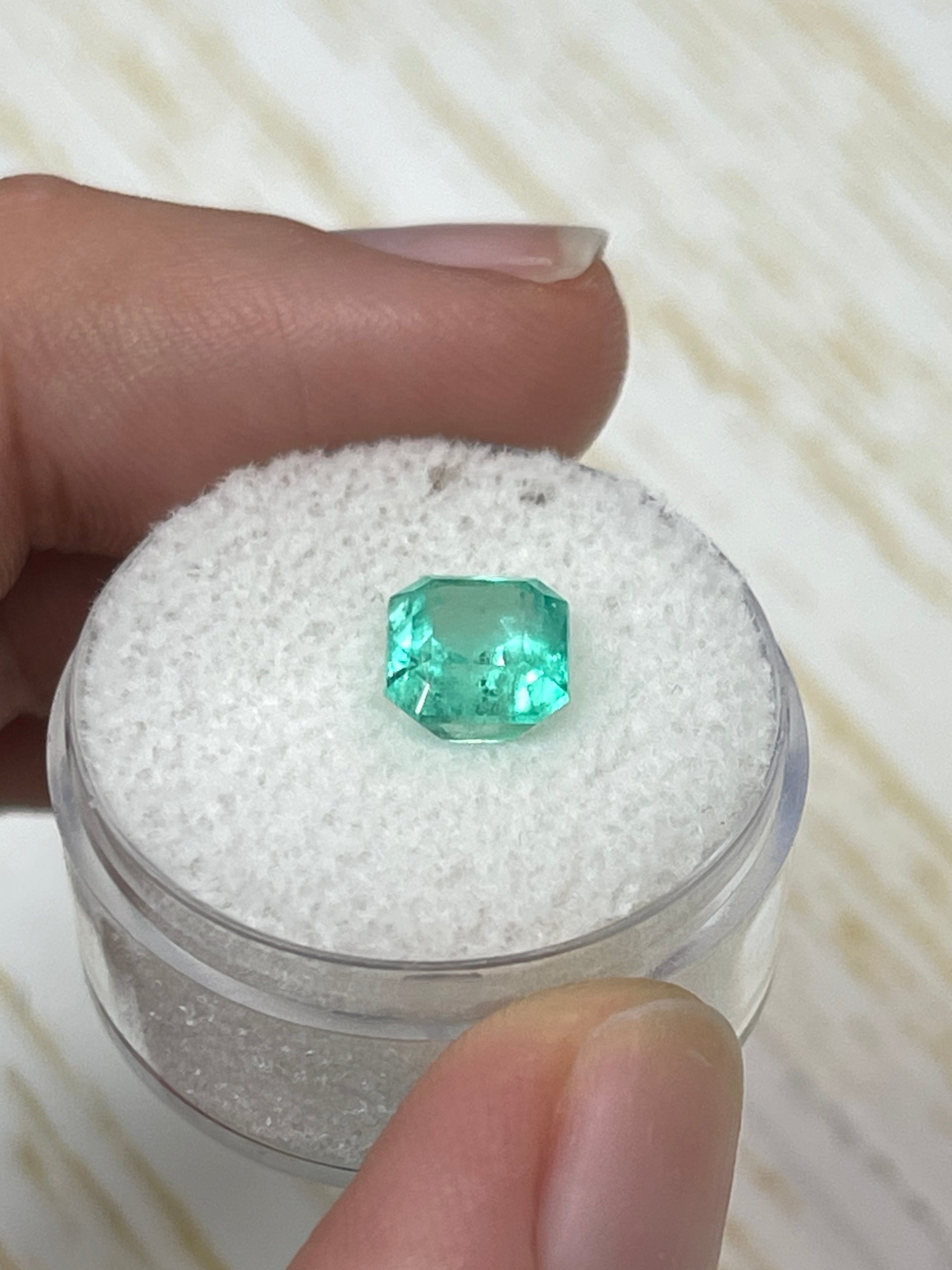 2.03-carat bluish-green Colombian emerald cut natural unset emerald from JR Colombian Emeralds, eye clean and vibrant.