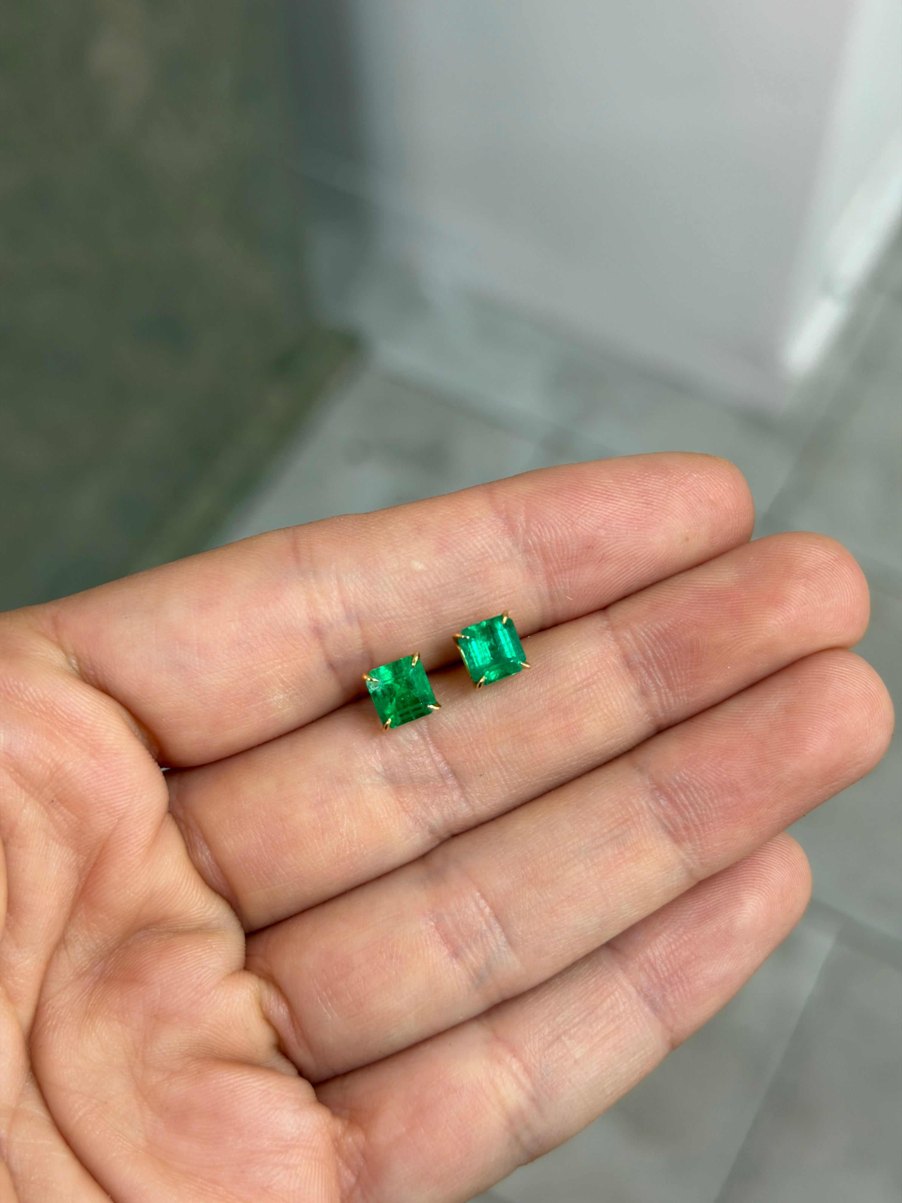 2.05tcw 18K Vivid Green Asscher Cut Colombian Emerald Studs