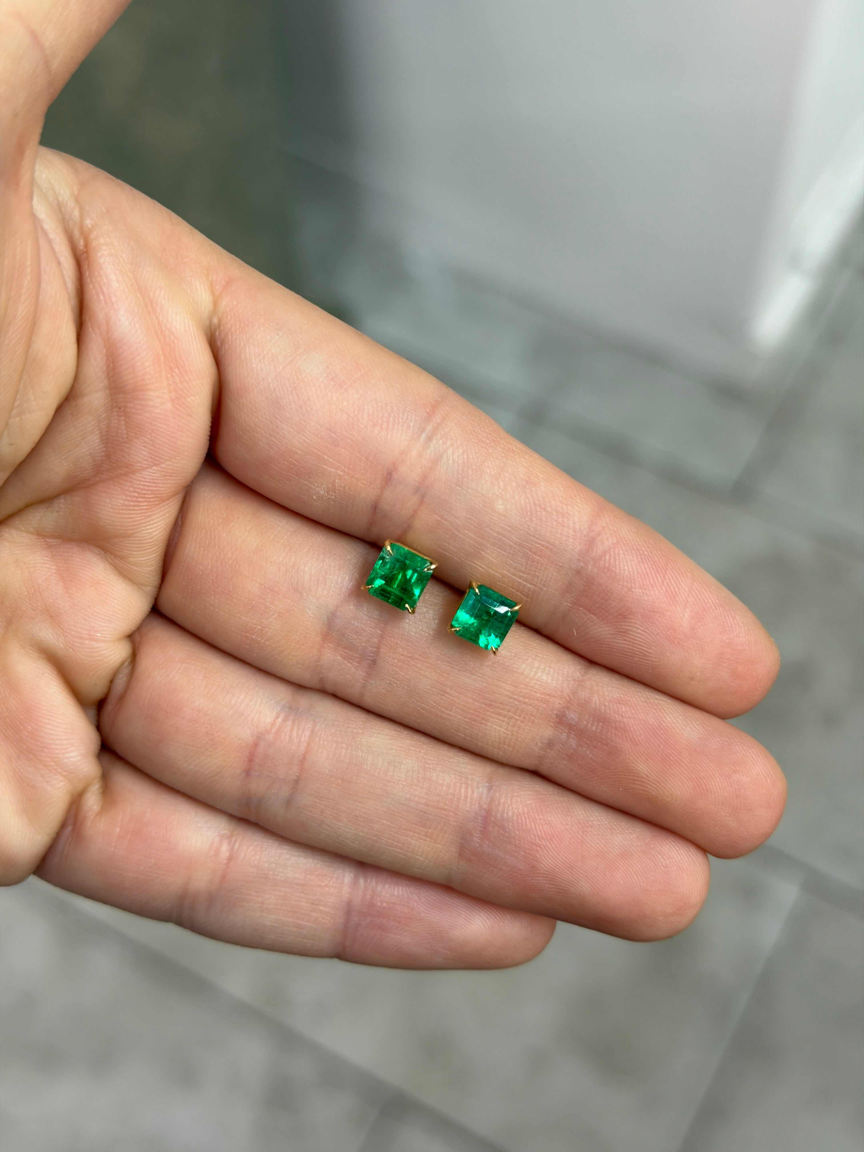 2.05tcw 18K Vivid Green Asscher Cut Colombian Emerald Studs