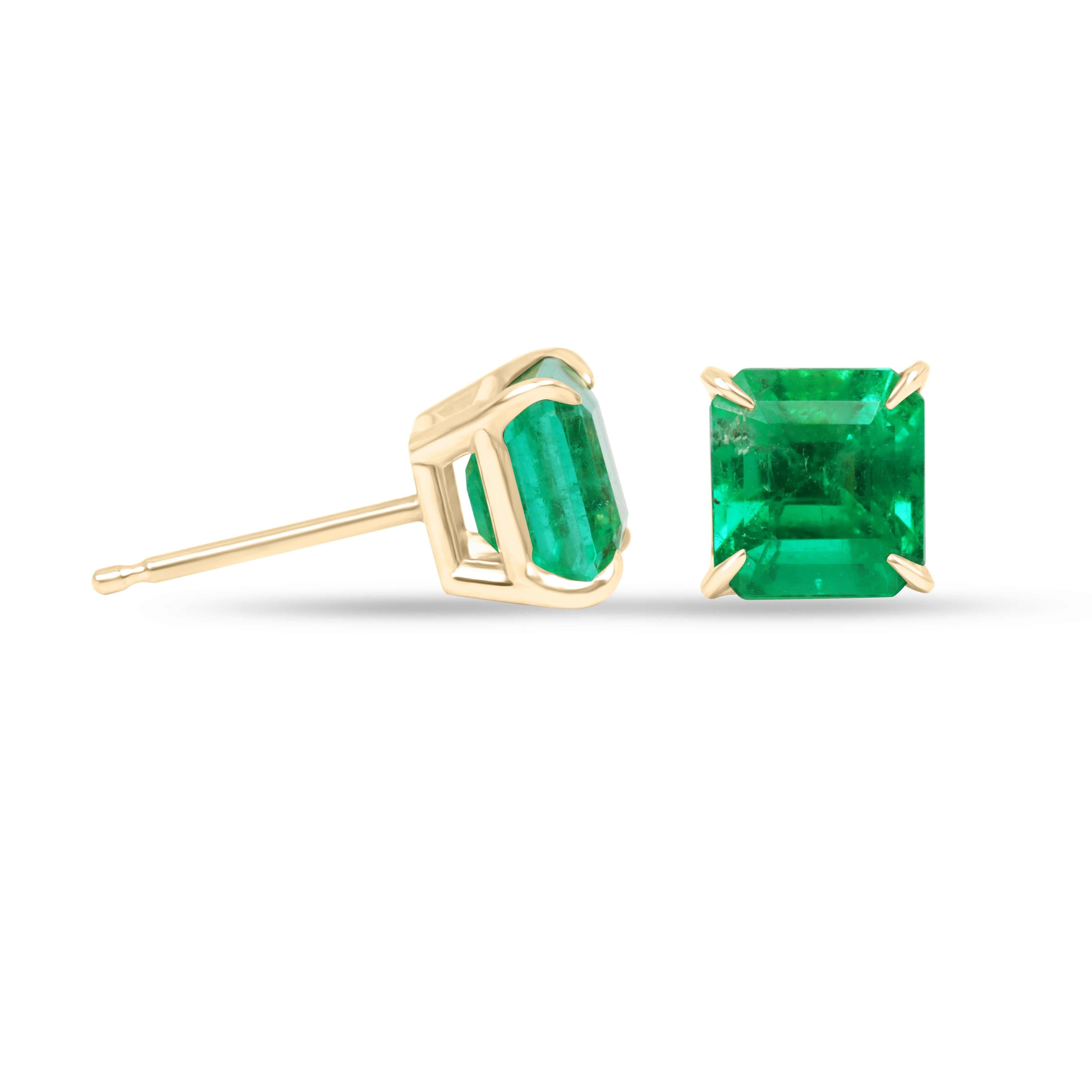 2.05tcw 18K yellow gold vivid green Asscher cut Colombian emerald stud earrings with four-prong setting