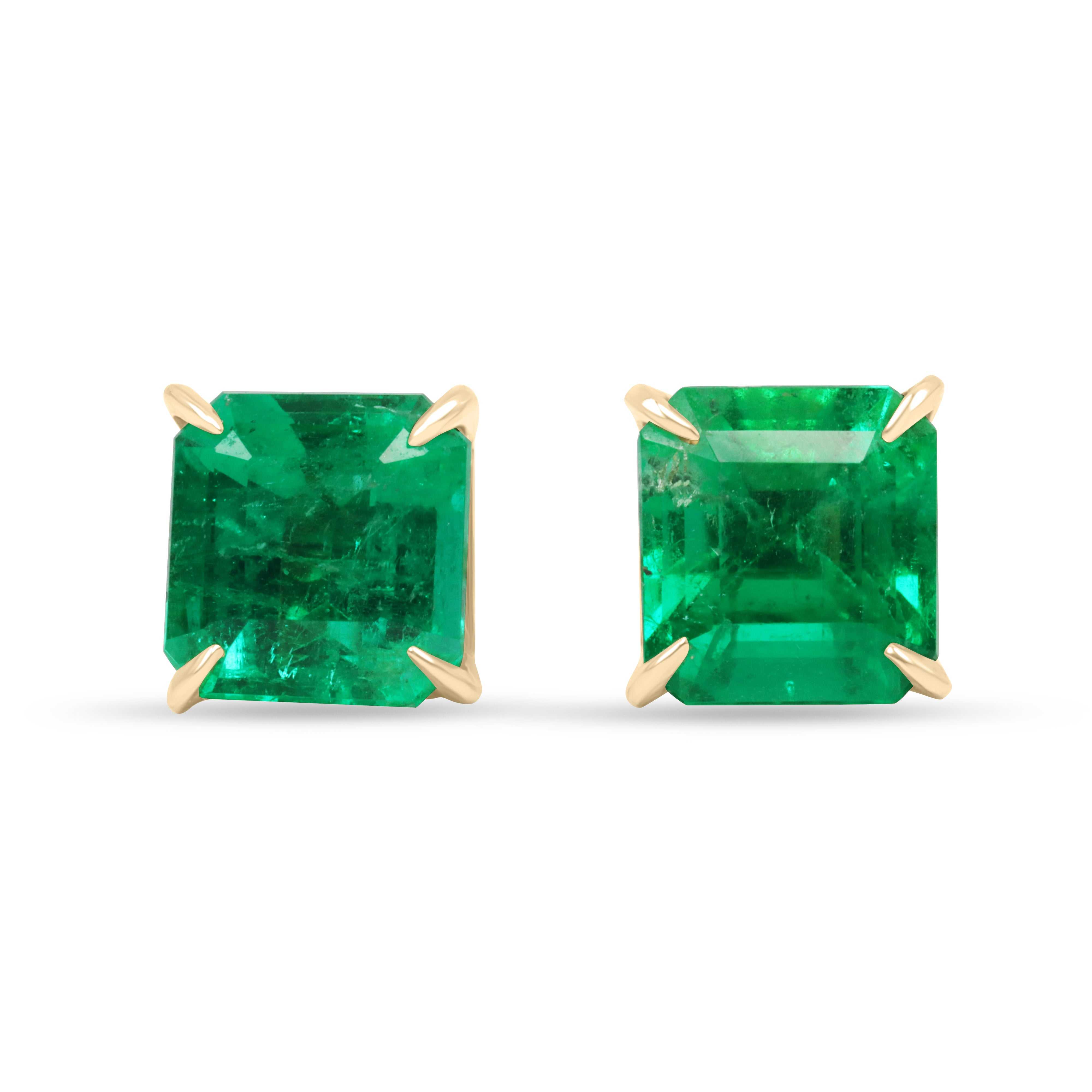 2.05tcw 18K yellow gold Asscher cut vivid green Colombian emerald stud earrings with four prong setting
