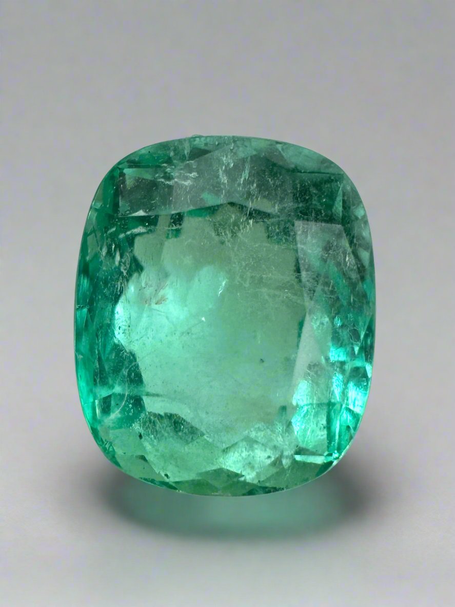 2.06 carat minty bluish-green Colombian emerald loose gemstone in cushion cut, natural and vibrant, by JR Colombian Emeralds.