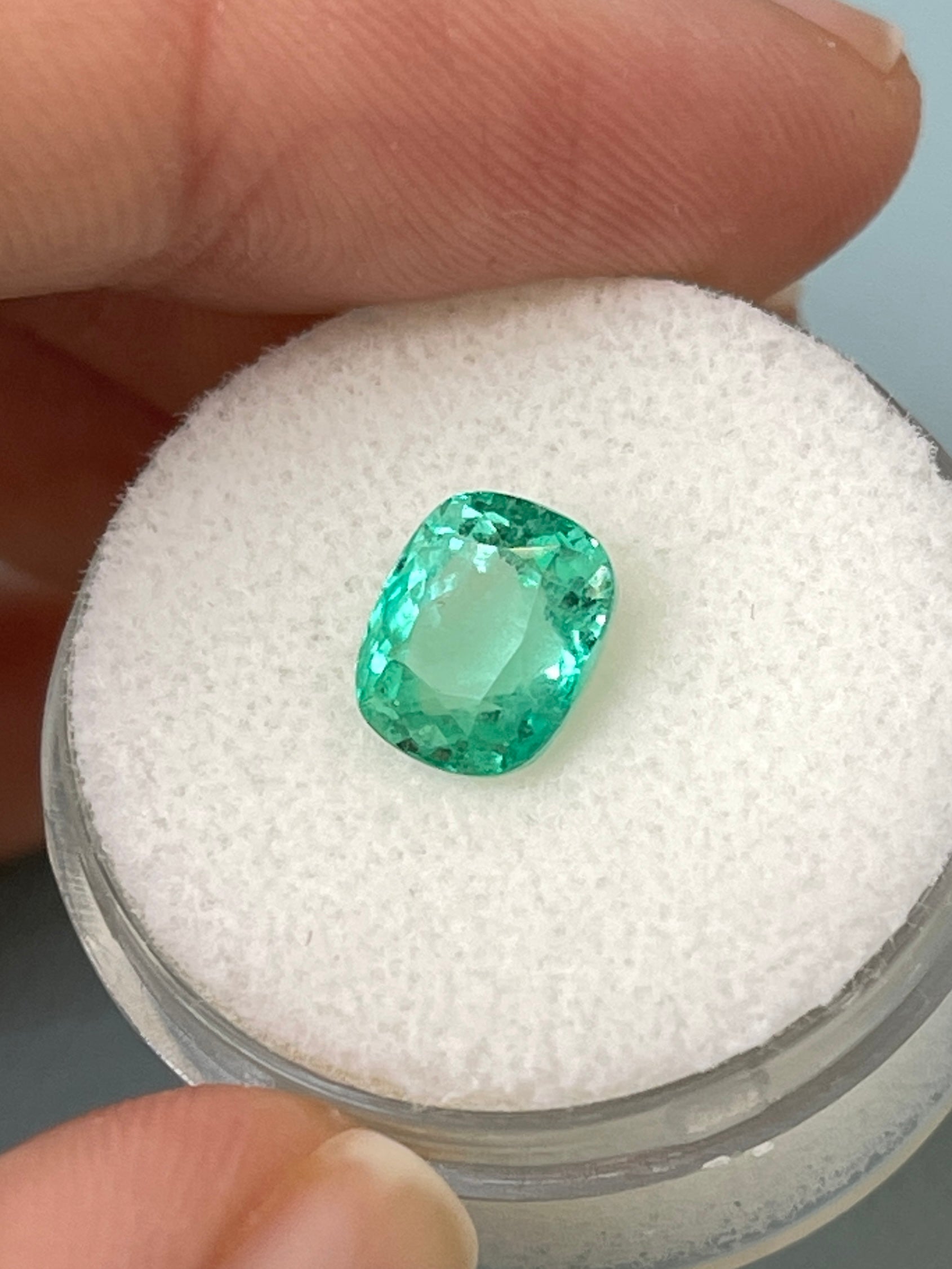2.06 carat natural Colombian emerald, 8x7mm cushion cut, minty bluish-green loose gemstone from JR Colombian Emeralds
