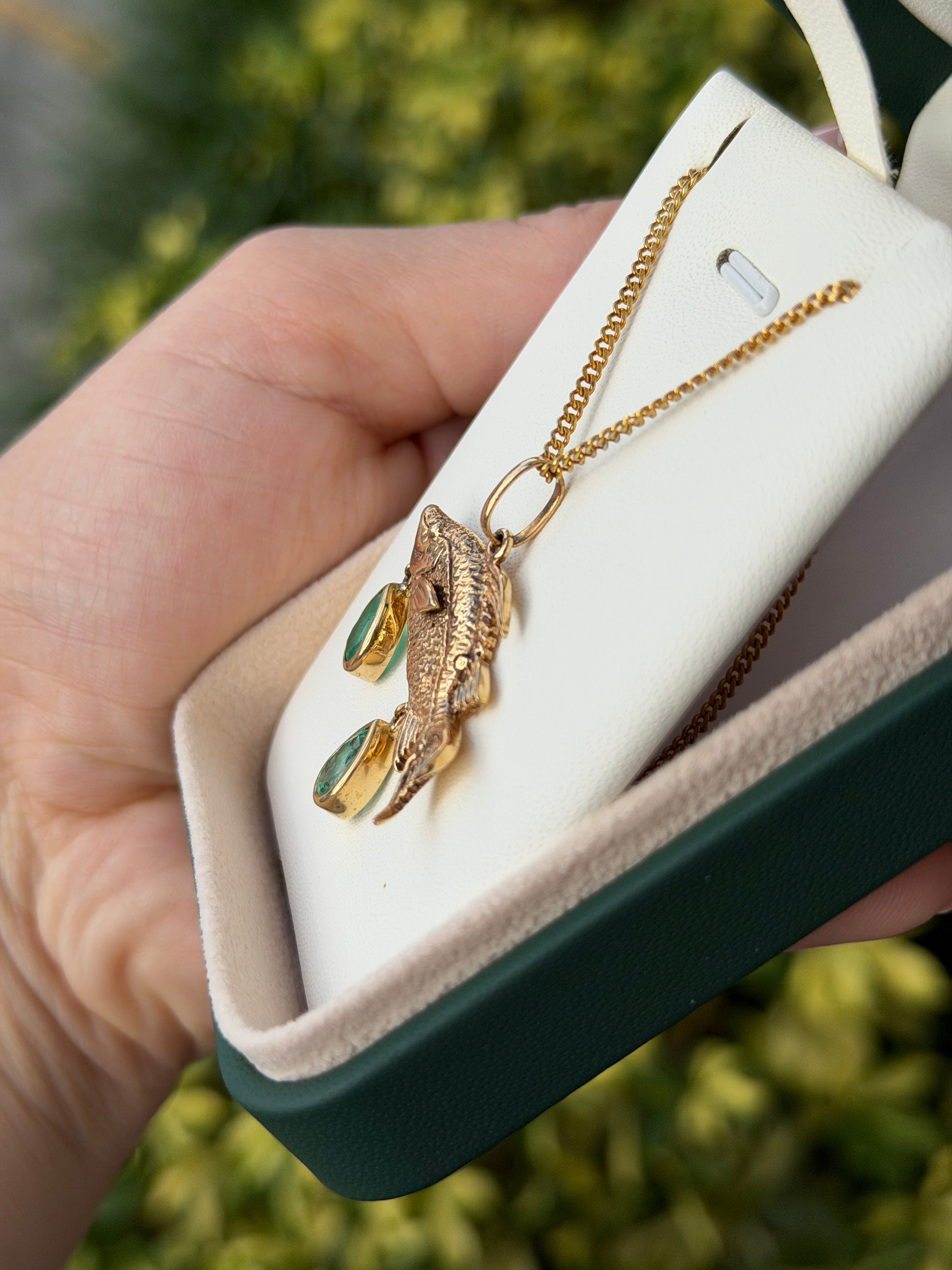 2.0tcw 14K Hog Fish Emerald Pendant - JR Colombian Emeralds